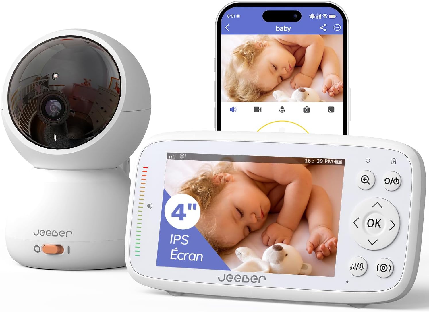 jeeber 1080P WiFi Babyphone Caméra Bébé – Écran IPS 4" et PTZ 360°