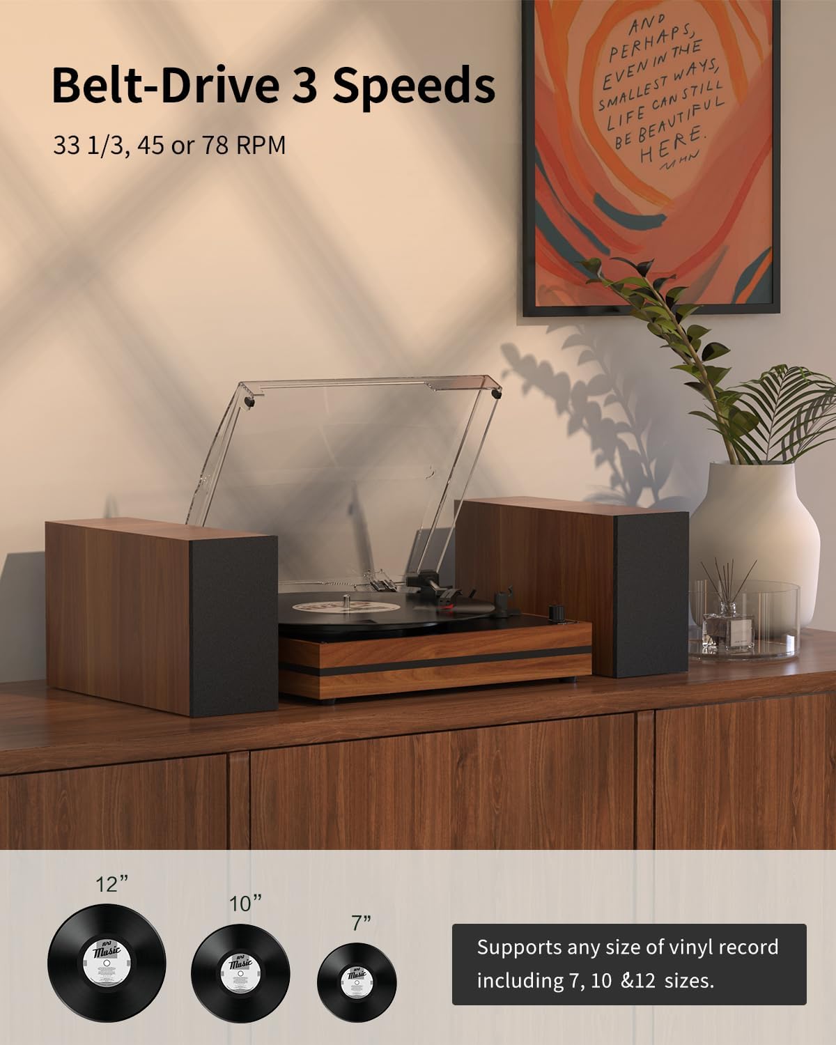 Detalle de Vintage Belt-Drive Record Player with Dual External Speakers (3 Speed, Wood Red)