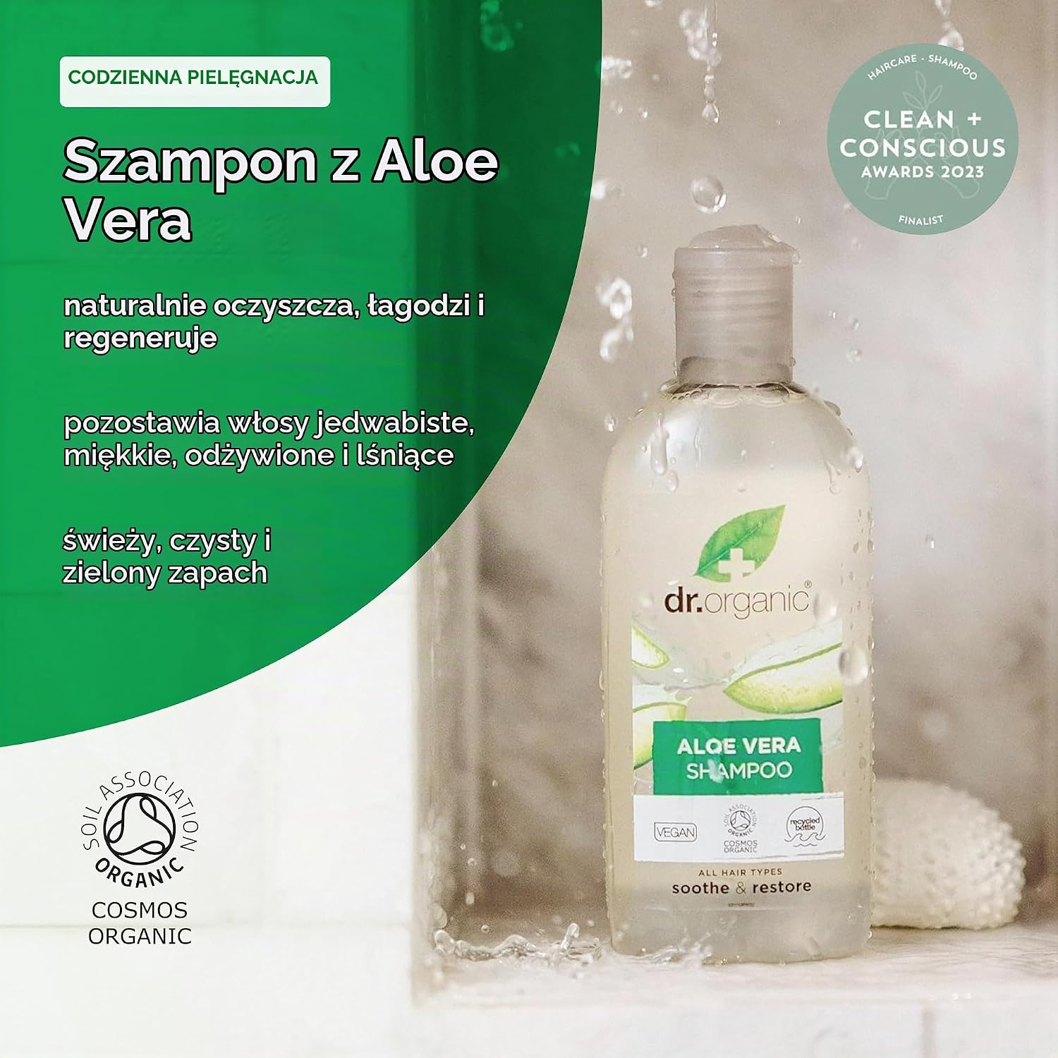 Detalle de Dr. Organic Aloe Vera – szampon do włosów suchych, 265 ml, bez parabenów