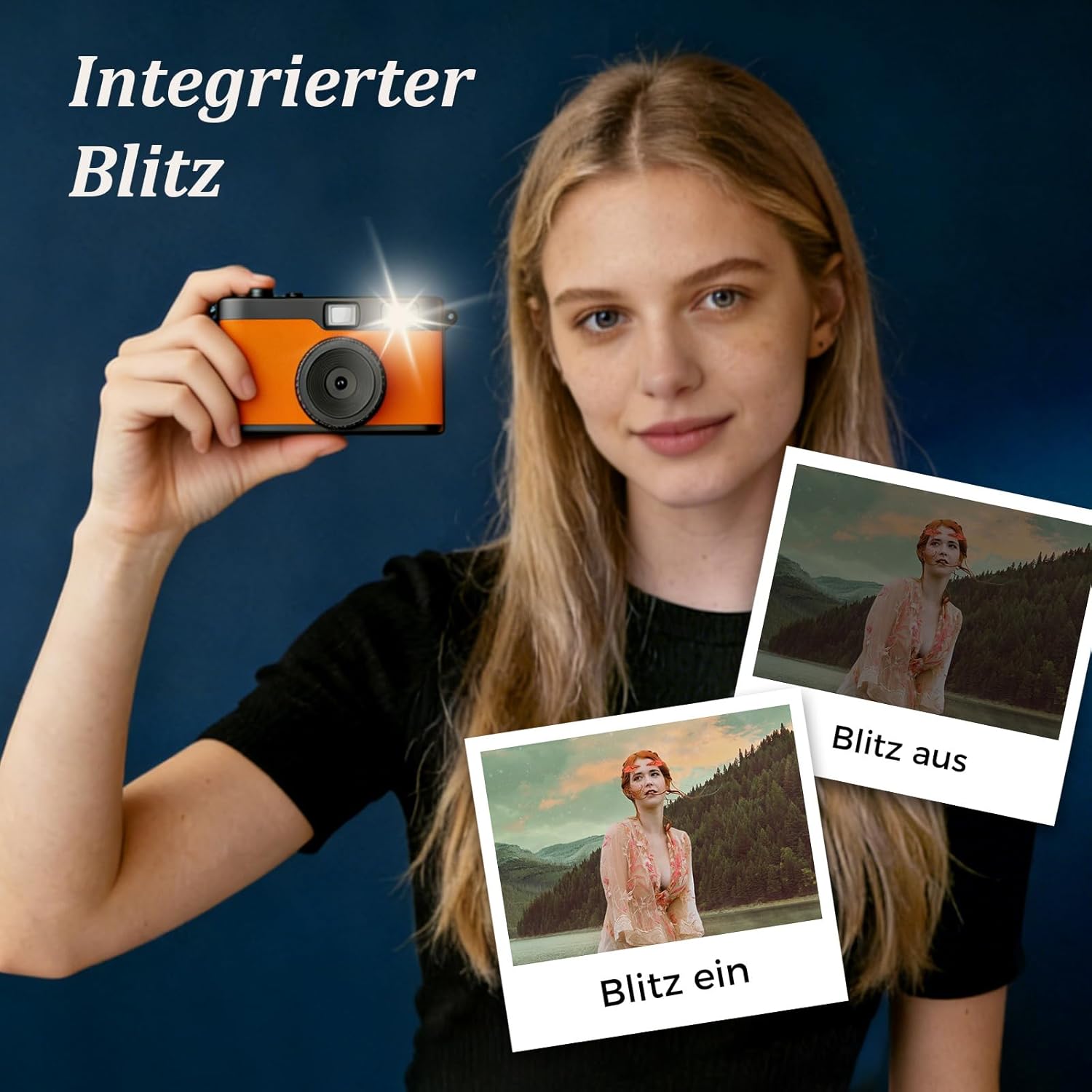Thumbnail 5 de Retro-Digitalkamera ohne Bildschirm mit Blitz, 12-MP-Fotos und 32-GB microSD (Orange) inkl. OTG-Adapter – Retro-Digitalkamera-Ersatz