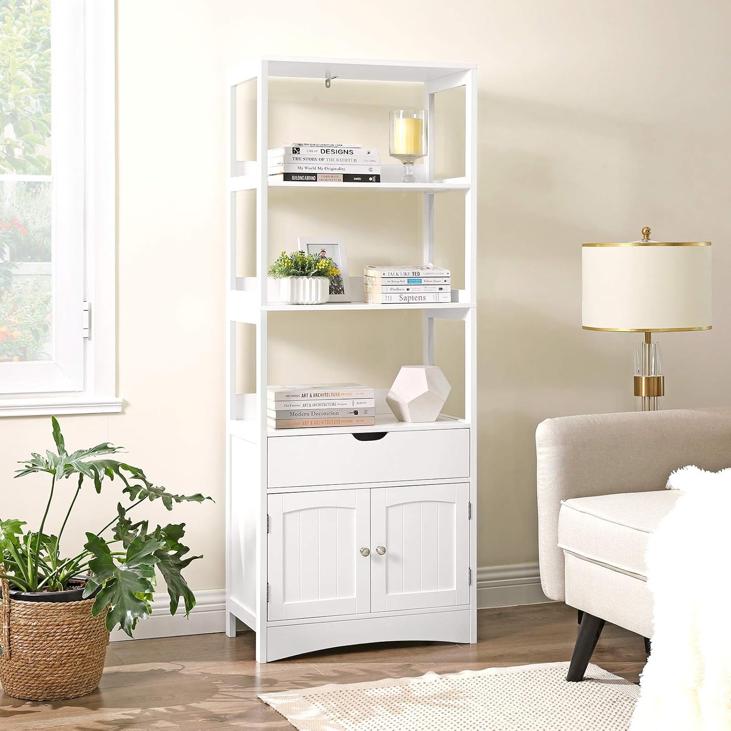 Thumbnail 1 de VASAGLE BBC67WT Tall Storage Cabinet, White, with 3 Shelves, Drawer and Cupboard