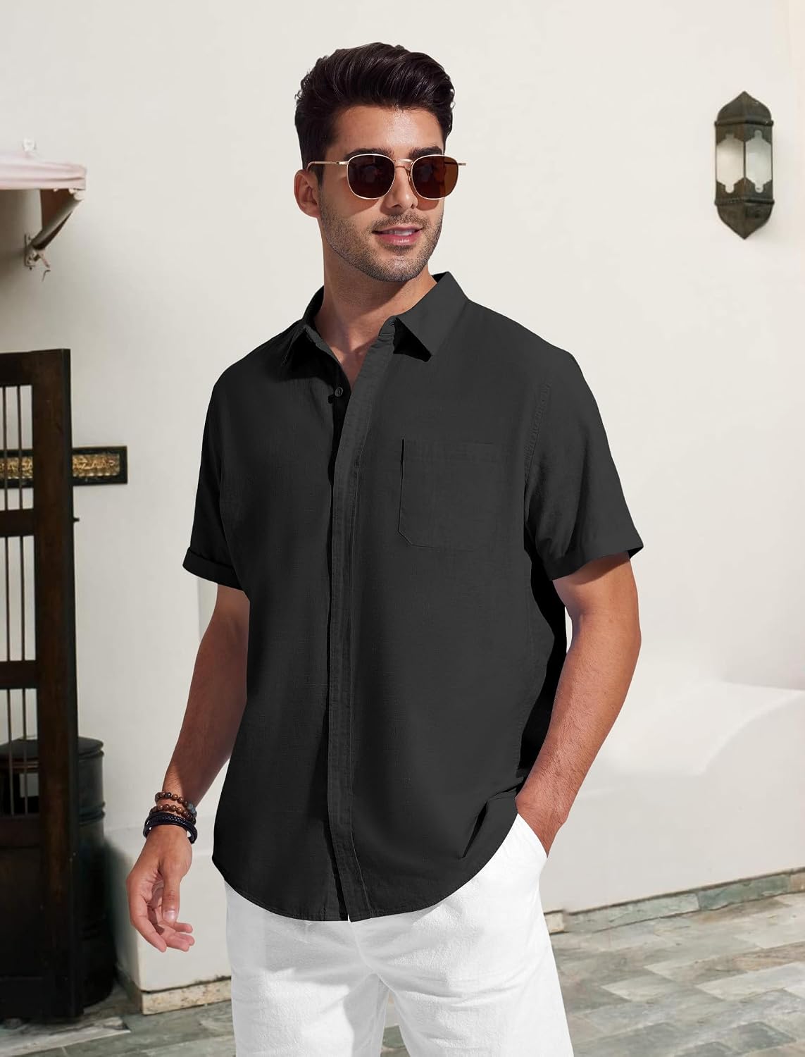 Detalle de Friptspyg Chemise en coton et lin à manches courtes pour homme avec poches et boutons cachés