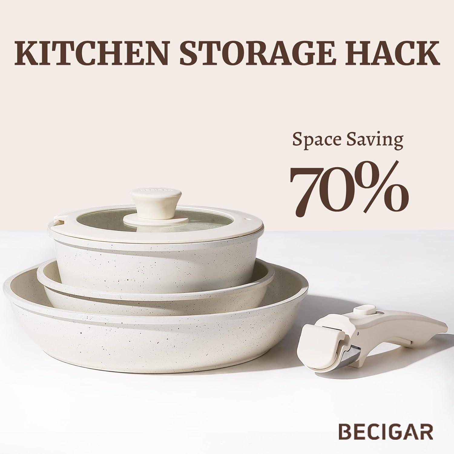 Thumbnail 6 de BECIGAR 8-Piece Ceramic Nonstick Cookware Set with Detachable Handle (Induction & Oven Safe)
