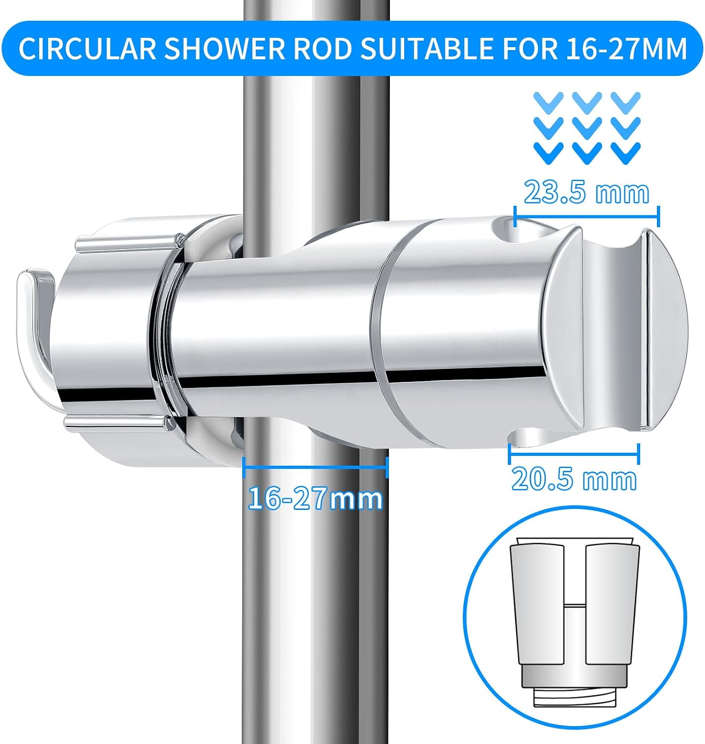 Detalle 2 de Joyoldelf Universal Handbrause Halterung – 16–27 mm Verstellbar, 360° Drehbar, ABS verchromt, mit Silikonkissen