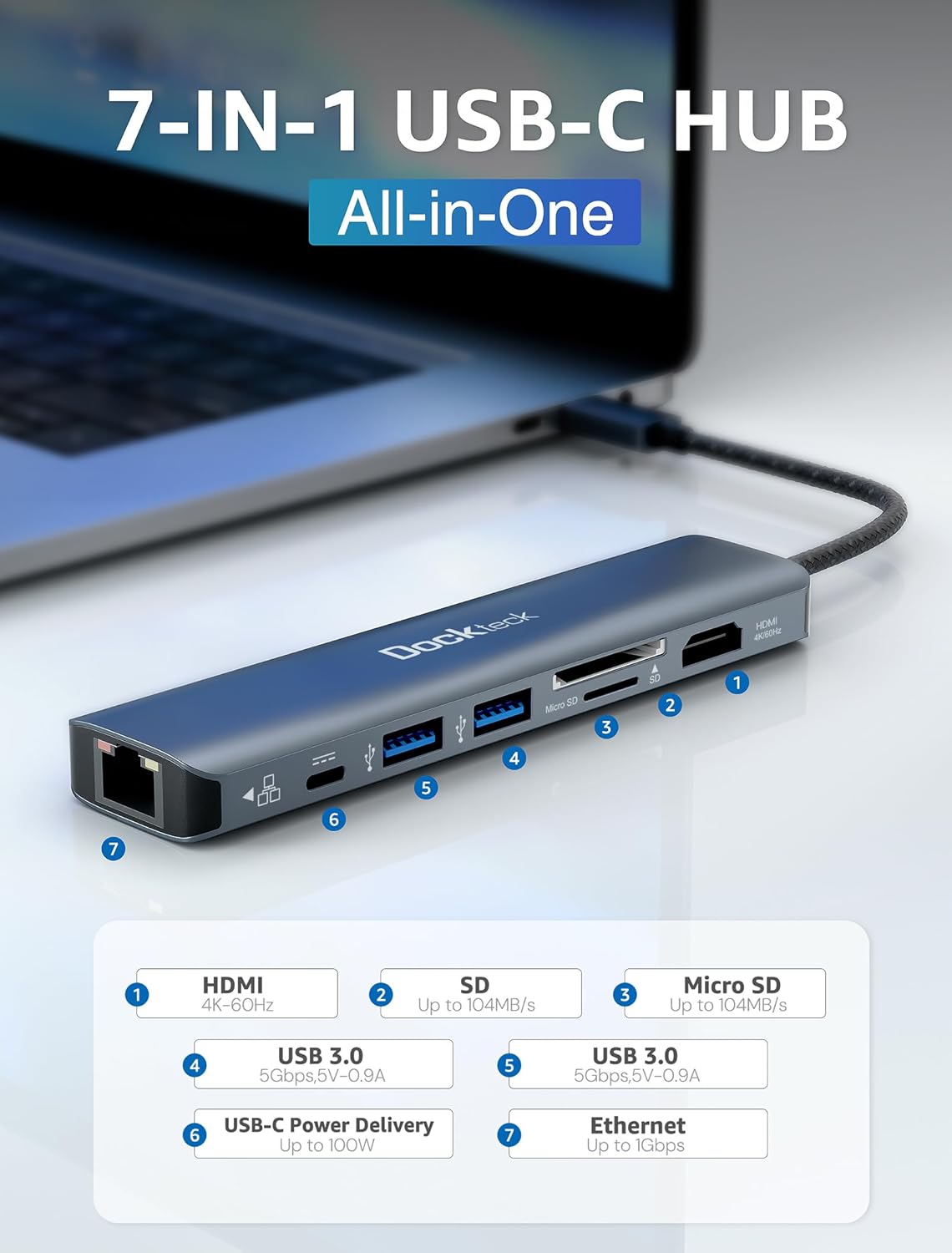 Detalle 2 de USB C Hub Dockteck 7-in-1 100W