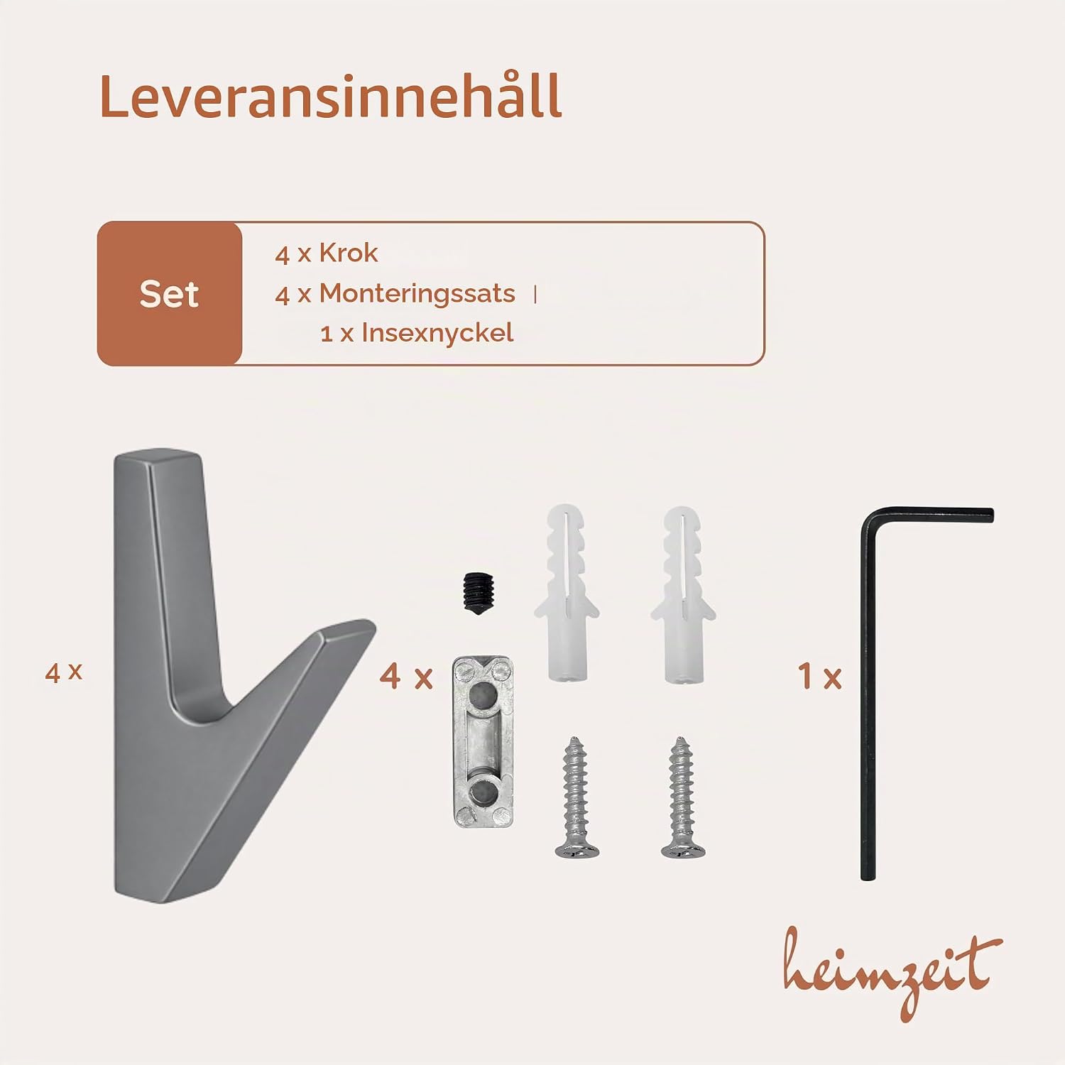 Detalle 1 de heimzeit Volt klädkrokar för väggmontering, 4-pack i grå zink