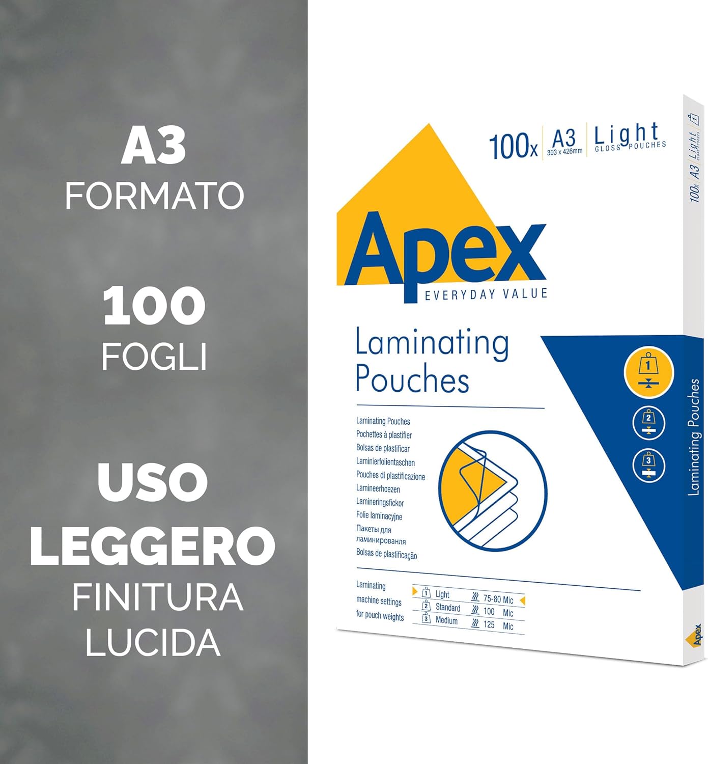 Detalle de Fellowes 6001901 Pouches per plastificazione Apex A3 80 micron Lucide – Confezione da 100