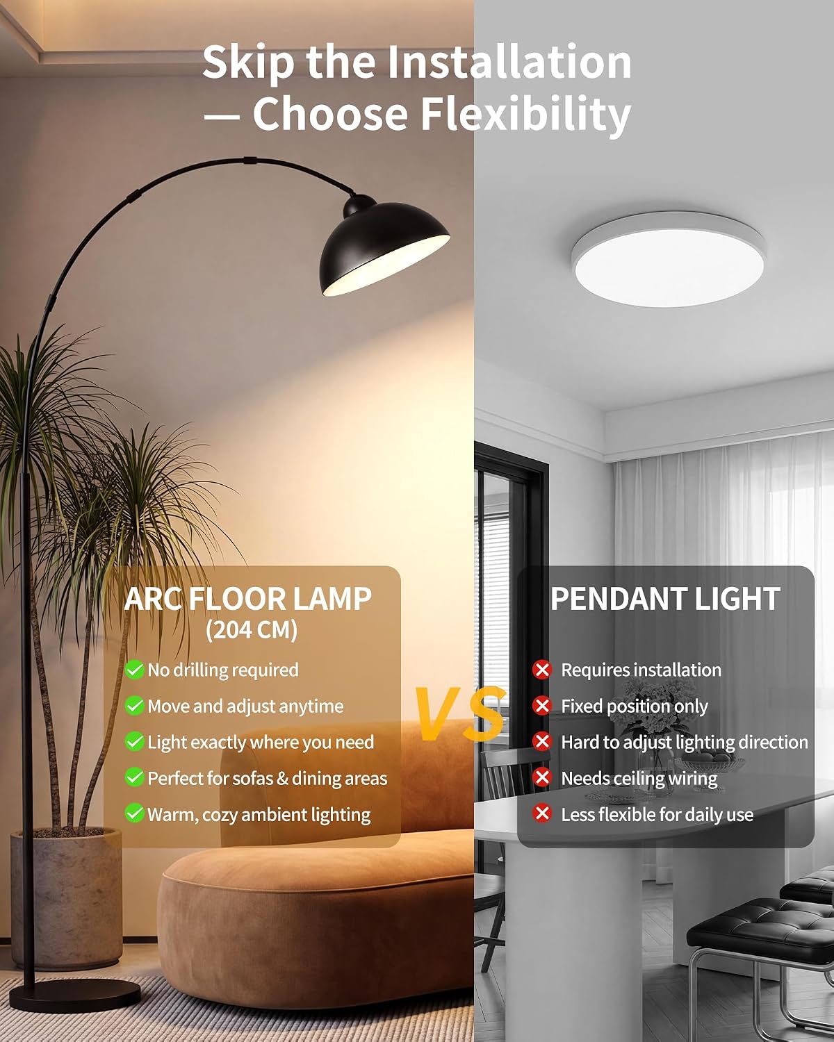 Detalle de 204cm Modern Black Arc Floor Lamp with Weighted Base