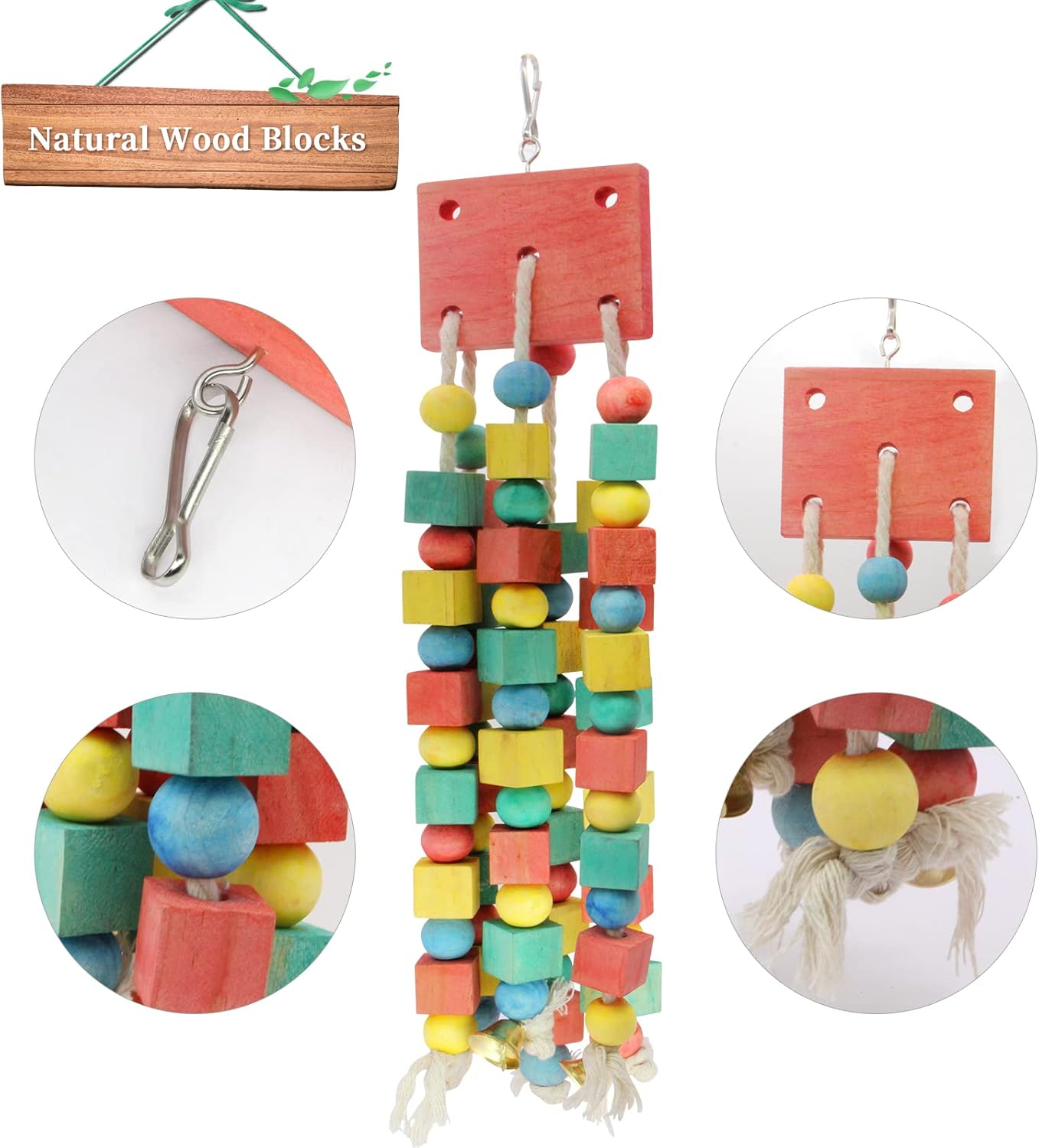 Detalle 2 de MQUPIN Hanging Wooden Block Chewing Parrot Toy – Multicoloured Cage Bite for Parakeet, Budgie, Cockatiel, African Grey