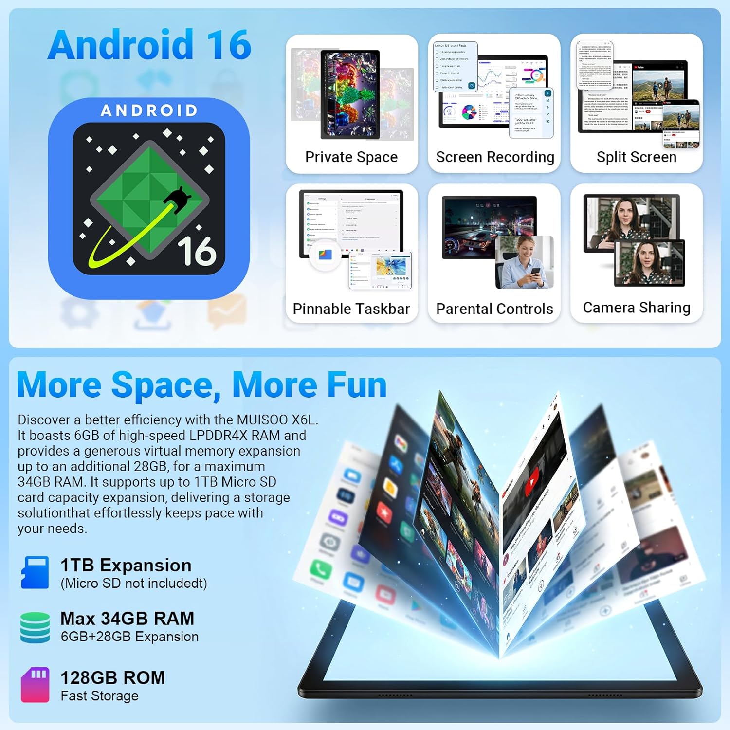 Detalle de MUISOO Tablet Android 16 (10.1"): Octa-Core Power, 34GB RAM + 128GB + 1TB Expandable, Gemini AI & All-in-One Kit