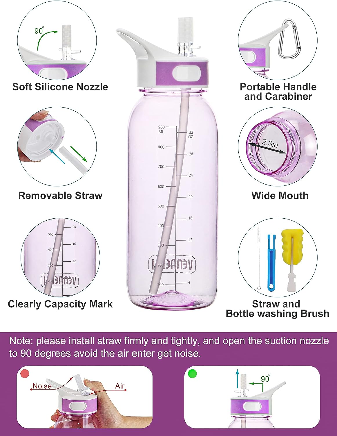 Detalle de VENNERLI 1 Litre BPA-Free Tritan Sport Water Bottle with Straw