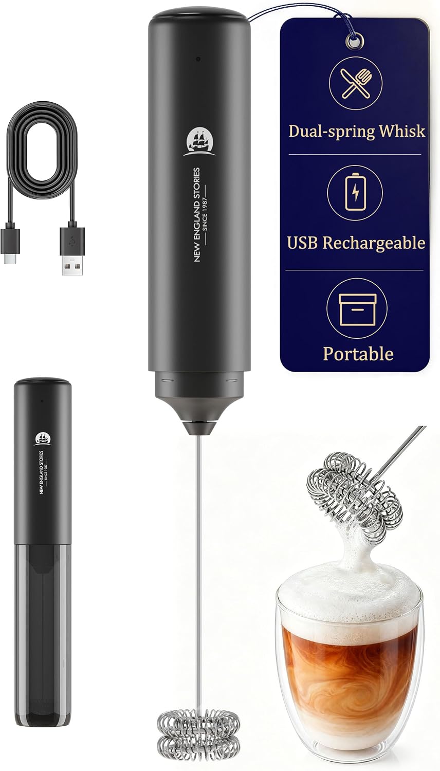 Detalle de New England Stories MF-BLACK-KCDDHZ Rechargeable Milk Frother, Dual-Spring Whisk