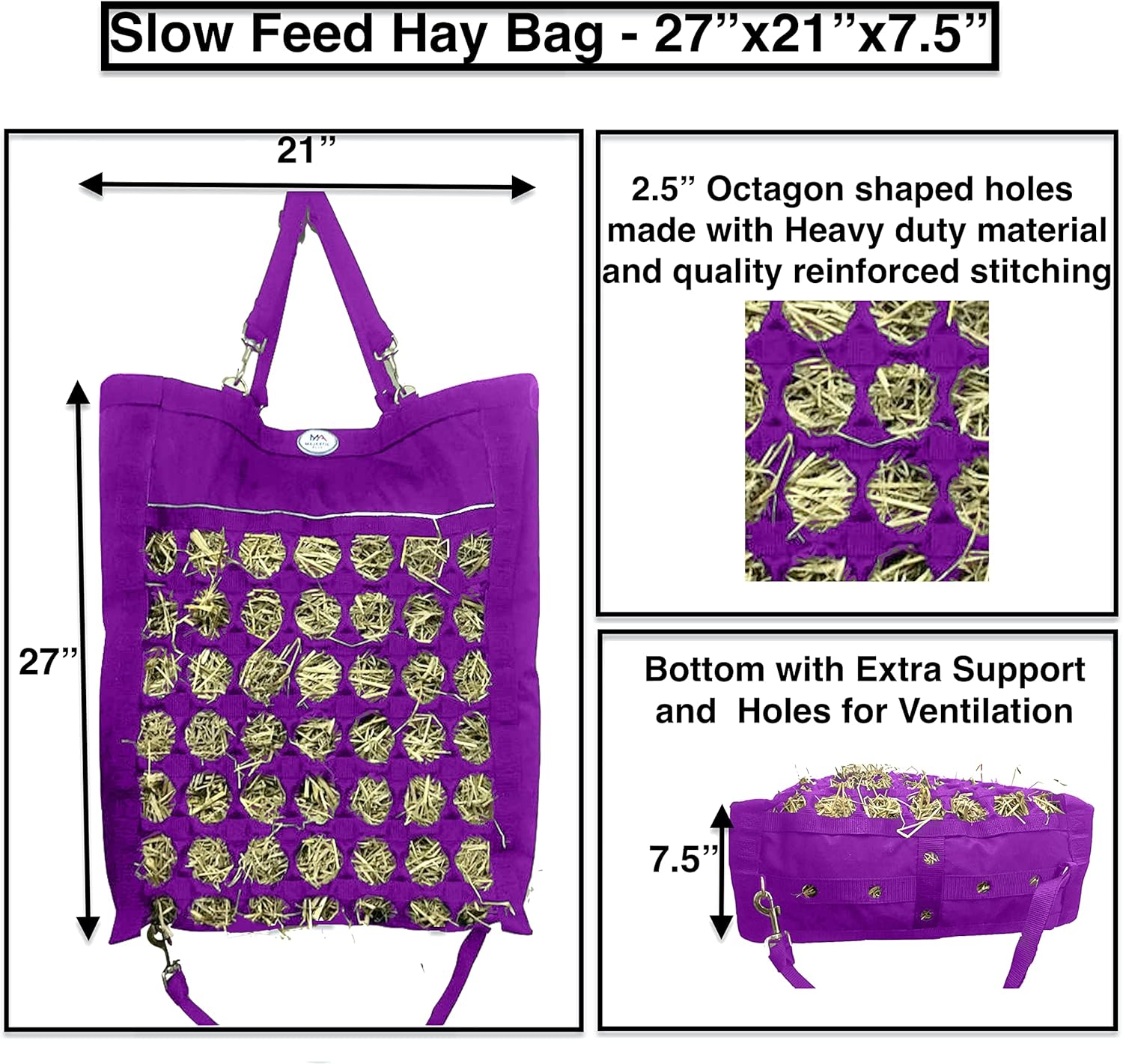Detalle de Majestic Ally Nylon Reflective 2.5" Octagon Hole Slow Feed Hay Bag for Horses (Purple)