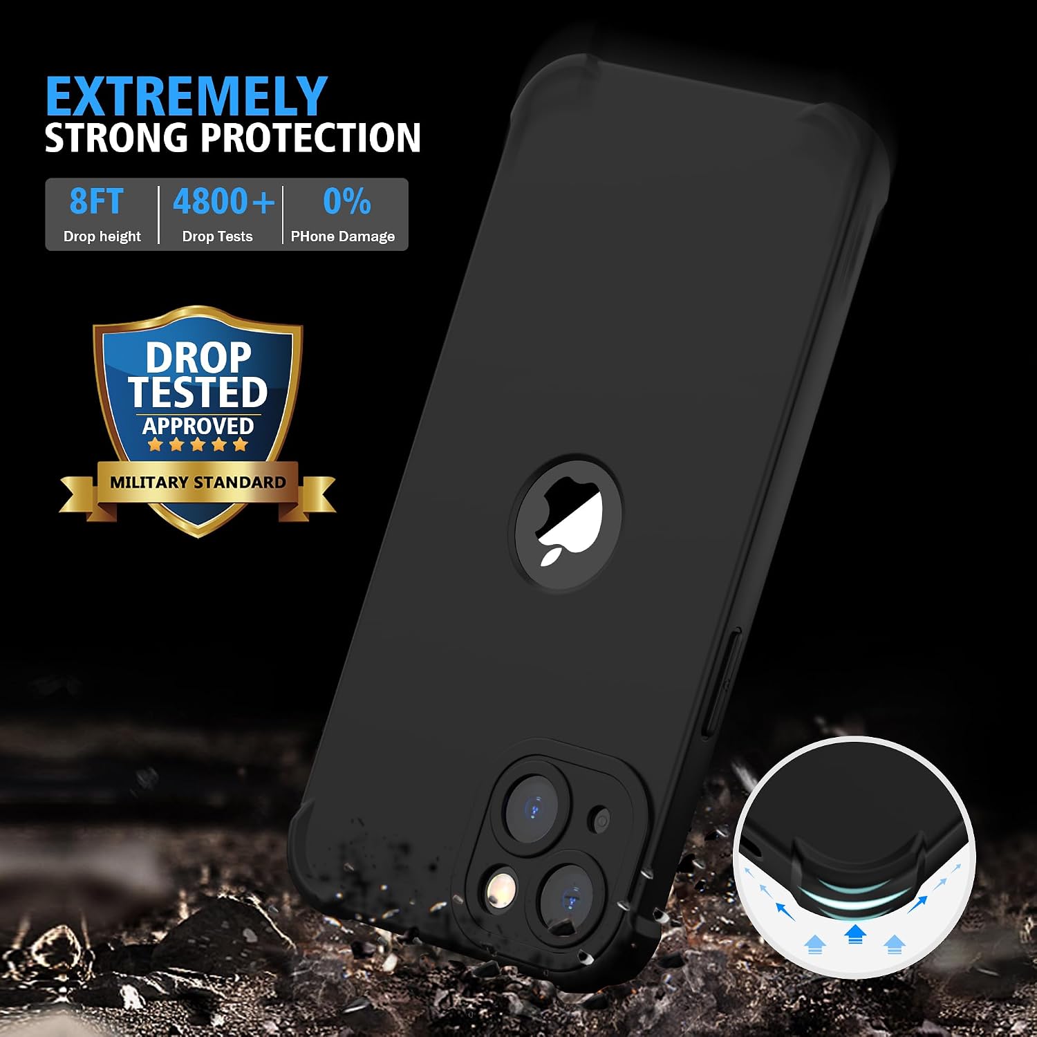 Detalle 2 de ORETECH iPhone 13 Case (6.1-inch) with 2-Pack Tempered Glass, Camera Lens Guard & 360° Shockproof Slim Rubber Bumper – Black