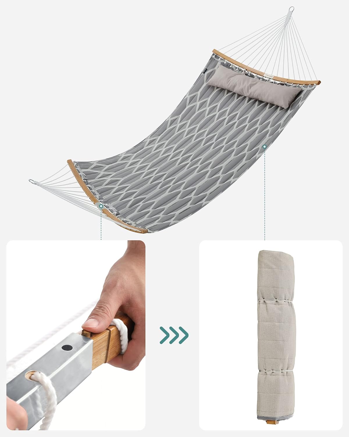 Thumbnail 6 de SONGMICS Hängematte gepolstert mit teilbaren Bambusstangen, 200 x 140 cm, max. 225 kg – grau/beige