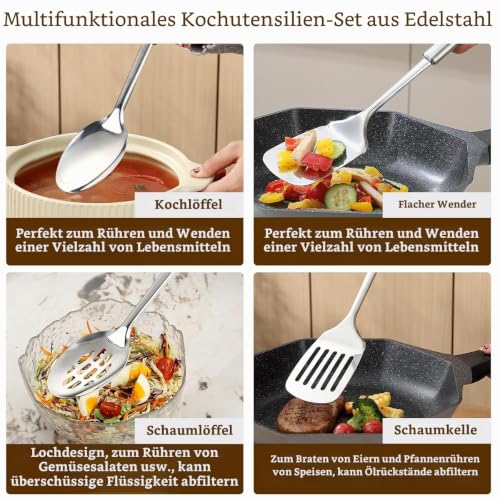 Detalle de Homquen 4-teiliges Küchenutensilien-Set aus Edelstahl – Pfannenwender, Kochlöffel und mehr