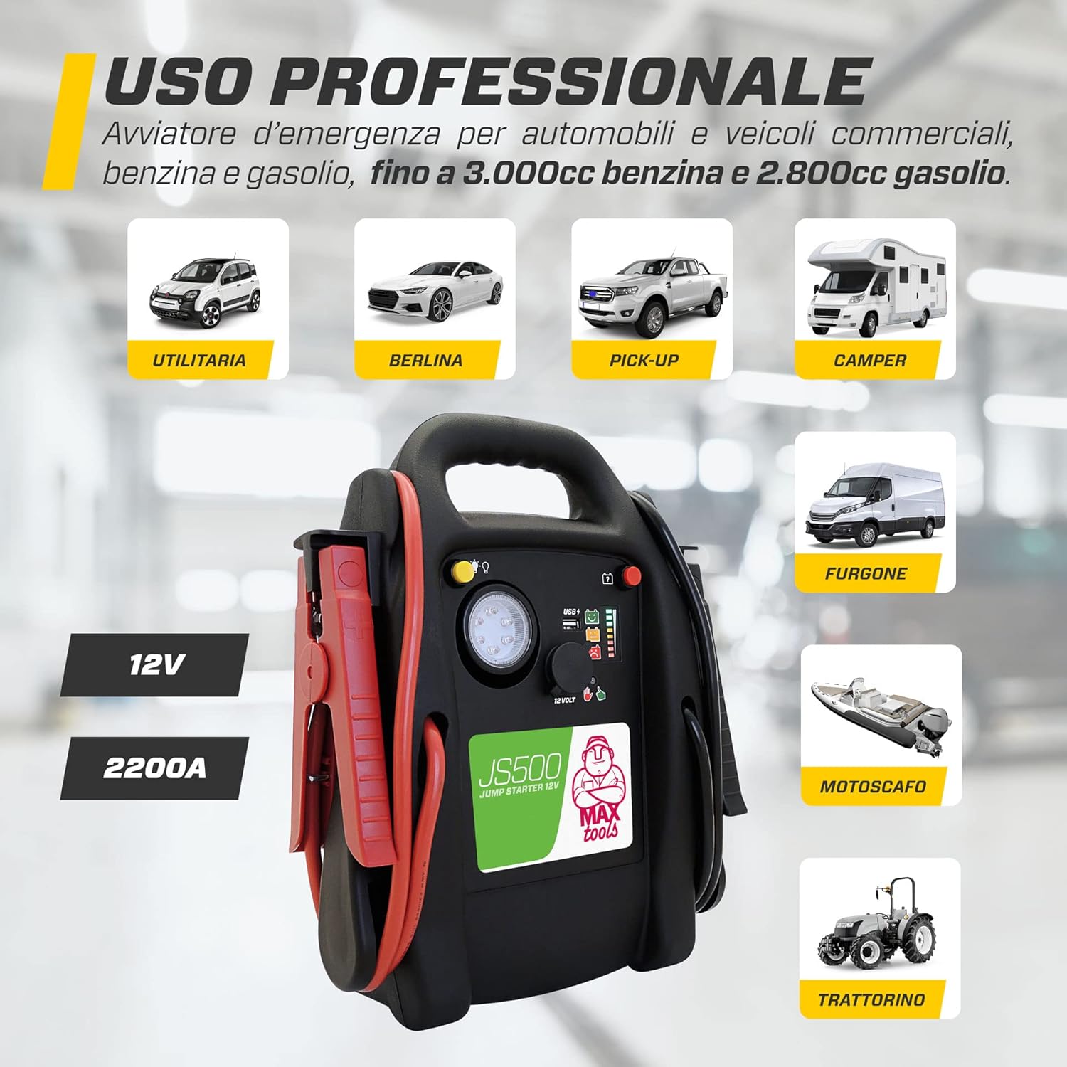 Detalle de MAXTOOLS JS500 2200 A 22 Ah: Avviatore di Emergenza 12V per Auto e Furgoni con LED e USB