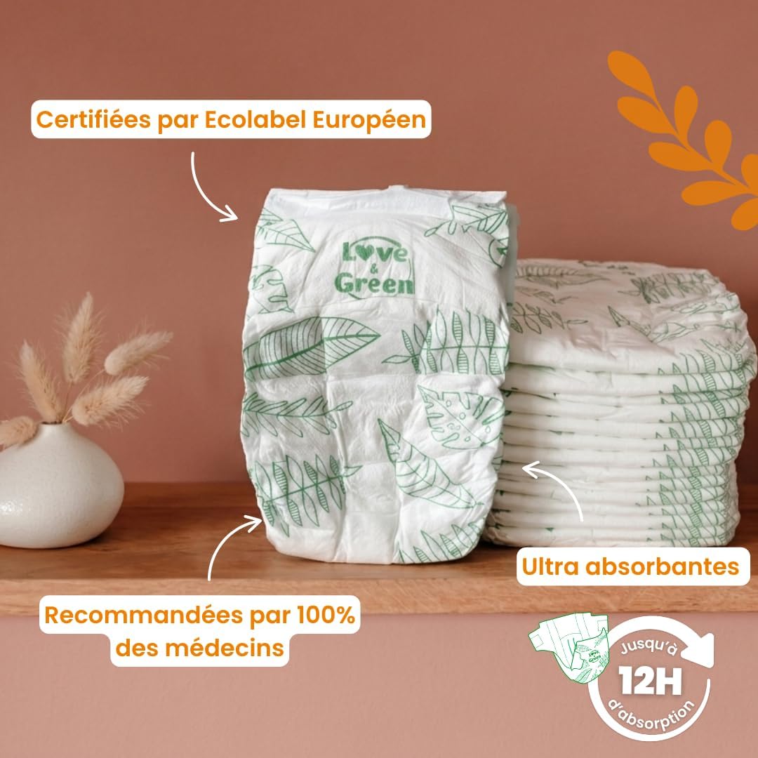 Detalle de Love & Green Couches Bébé Saines et Écologiques – Taille 3 (4-9 kg) – Pack 1 Mois (208 couches)