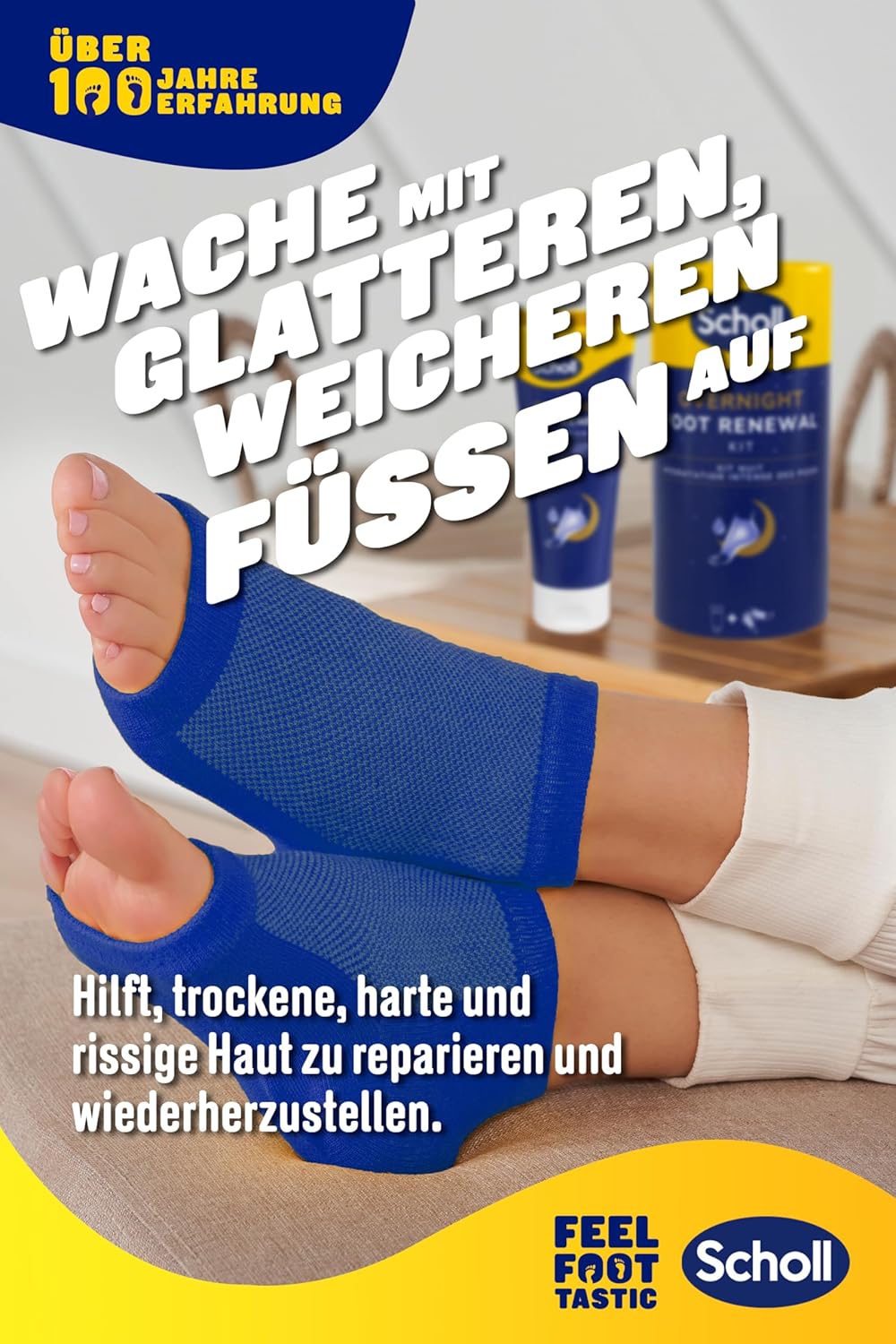 Detalle de Scholl Overnight Fußpflege-Set: Intensive Nachtpflege mit Creme und wiederverwendbaren Gel-Fersenstrümpfen