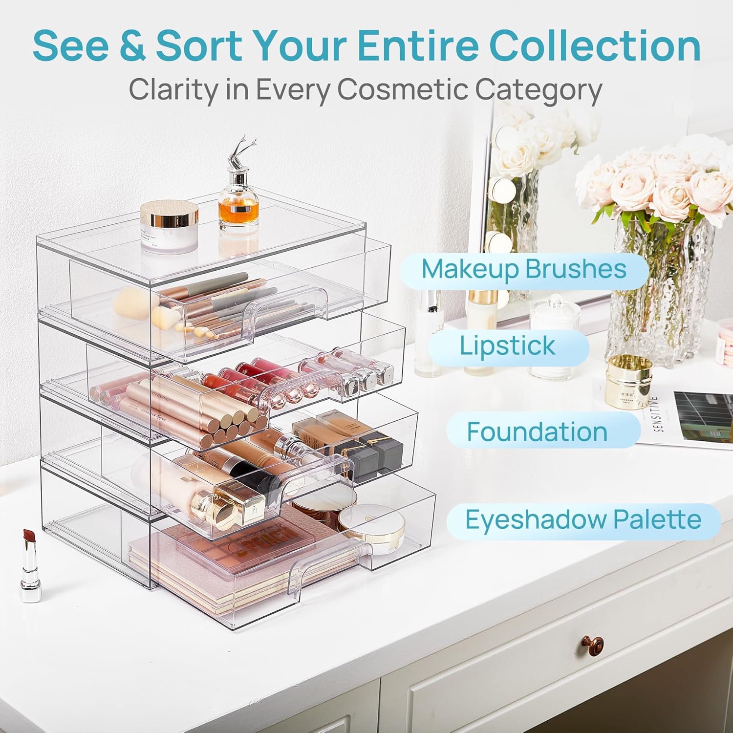 Detalle de Vtopmart 2 Pack Clear Small Stackable Storage Drawers – Acrylic Organiser for Vanity, Pantry and More