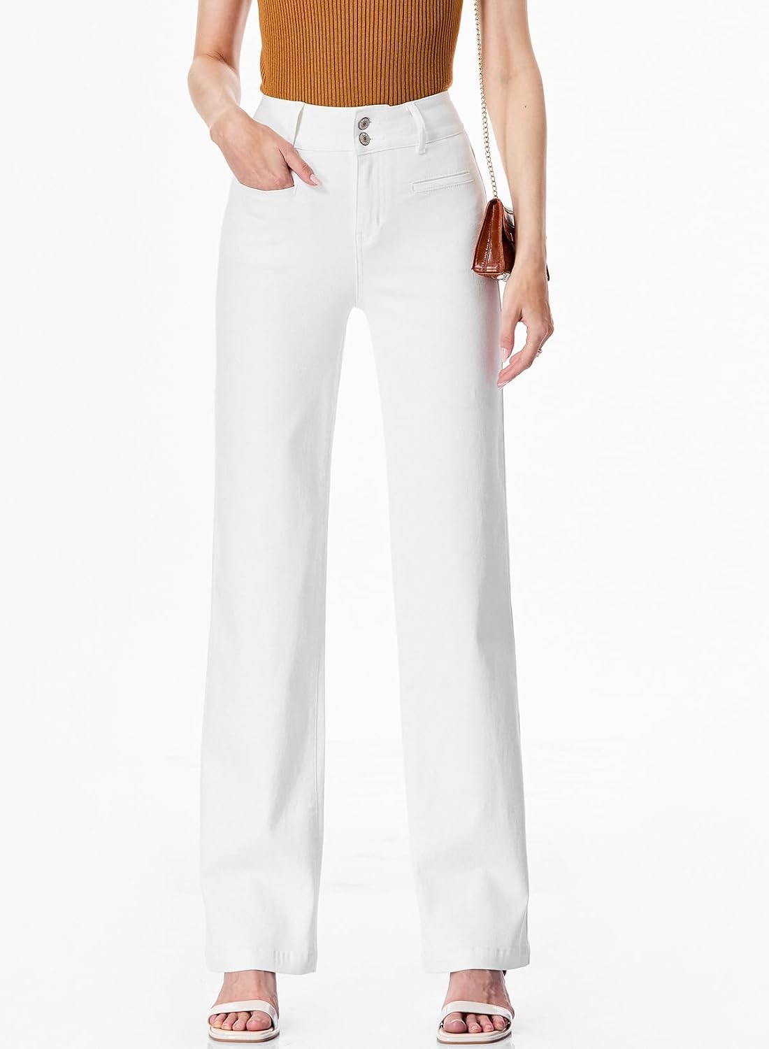 Detalle de Sidefeel Women’s High-Waisted Straight-Leg Stretch Jeans with Pockets (Zimbaplatinum Denim)