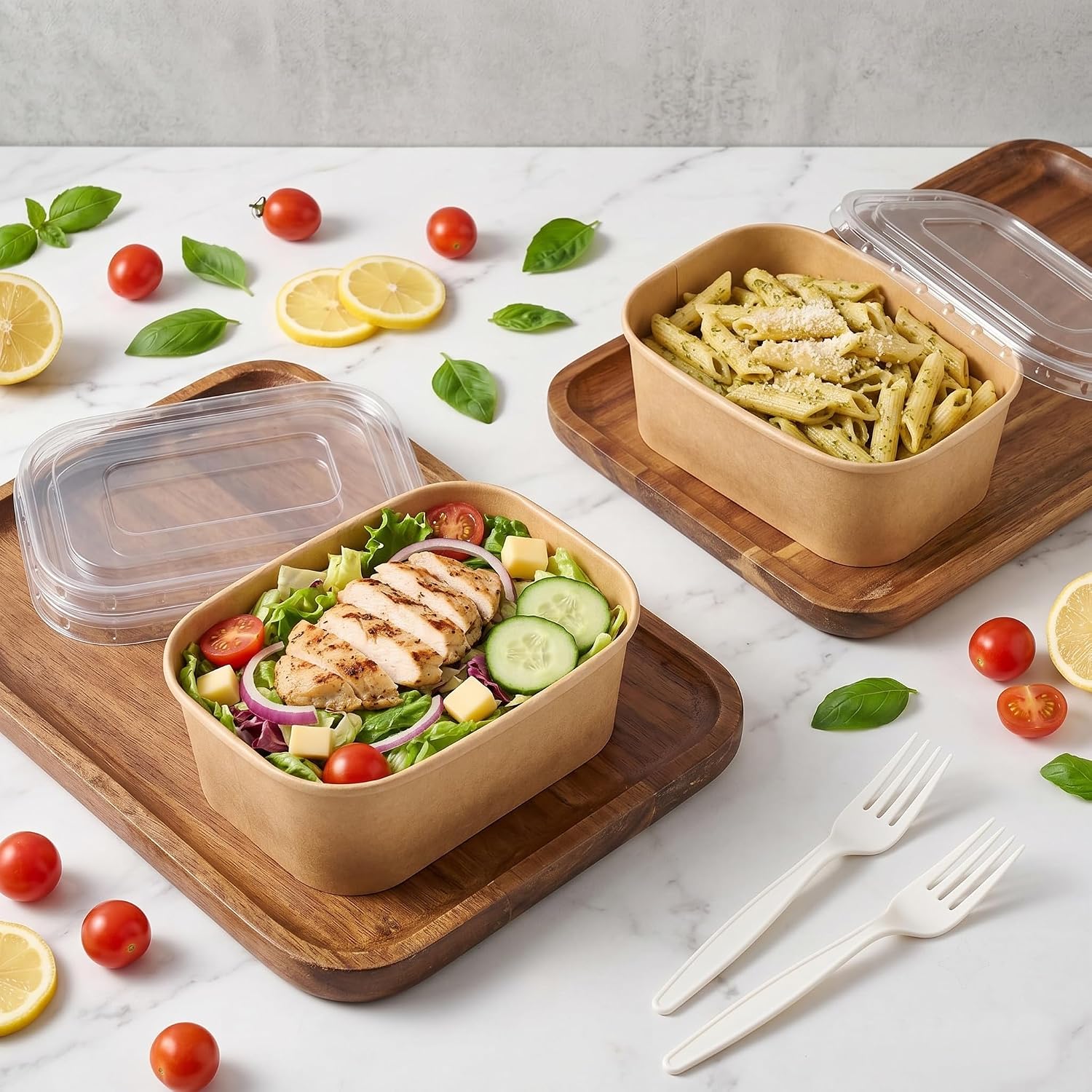 Detalle de Artuxer 50-Pack 29oz Disposable Kraft Paper Bowls with Lids and Forks