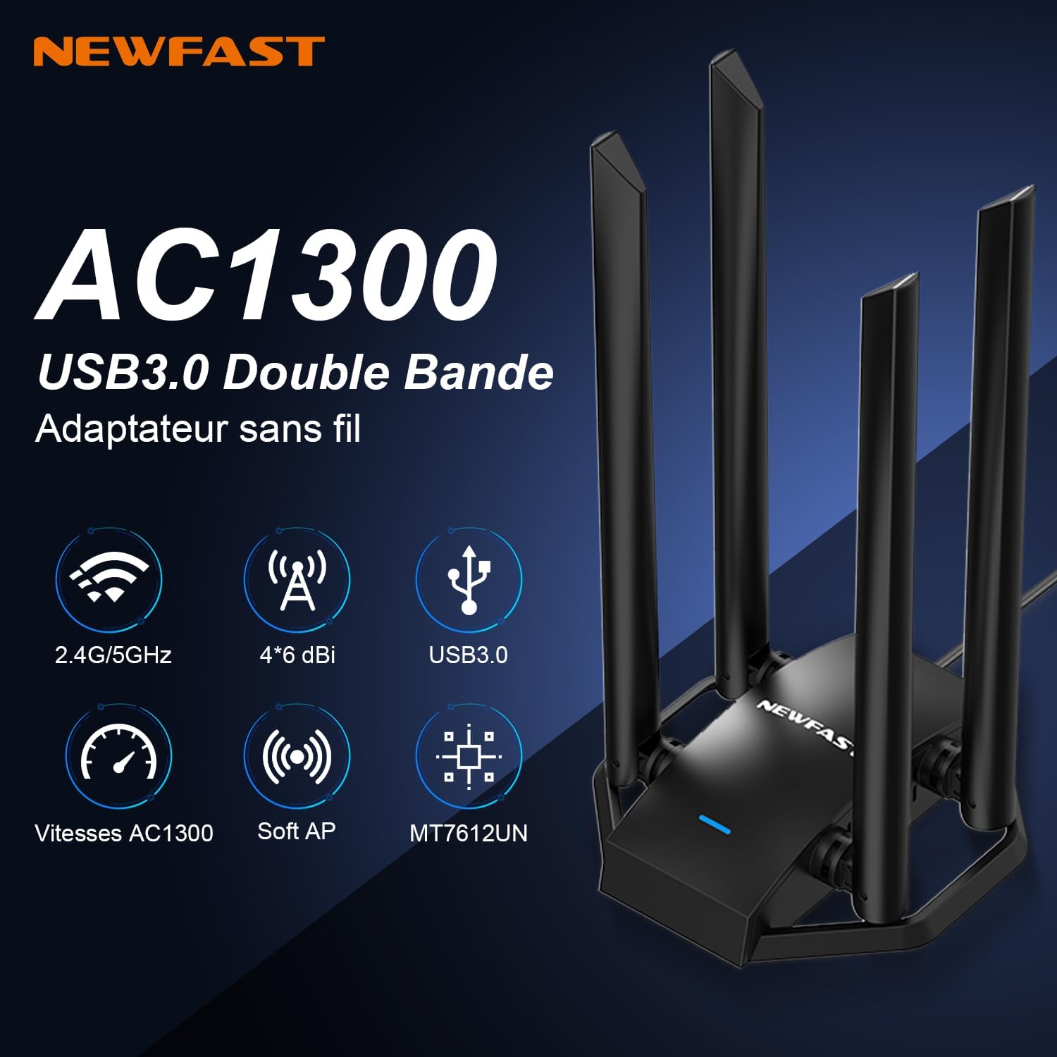Detalle 2 de NEWFAST U329 Clé WiFi AC1300 Mbps pour PC – 4 antennes 6 dBi, MU-MIMO, USB 3.0