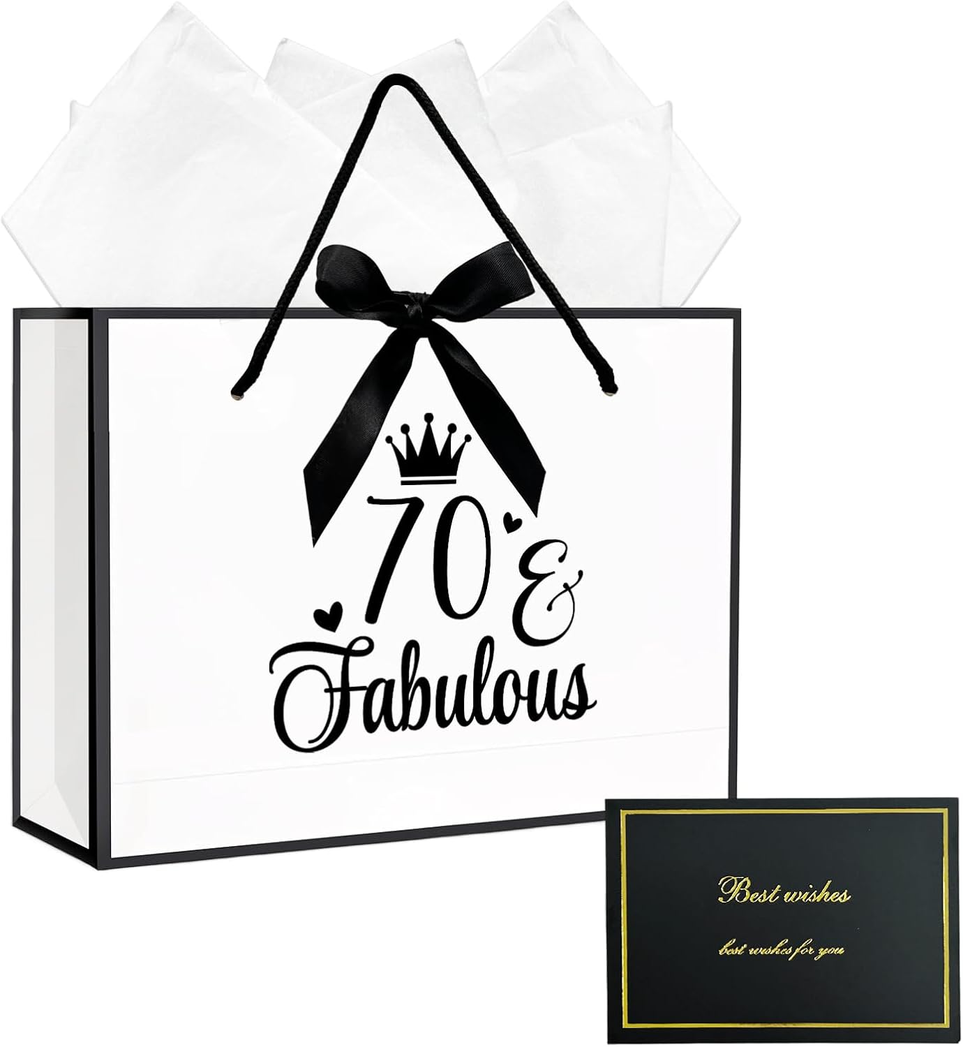 70th Birthday Gift Bag Set with Wrapping Paper and Card (White) – 70th Birthday Party Favour Presentation