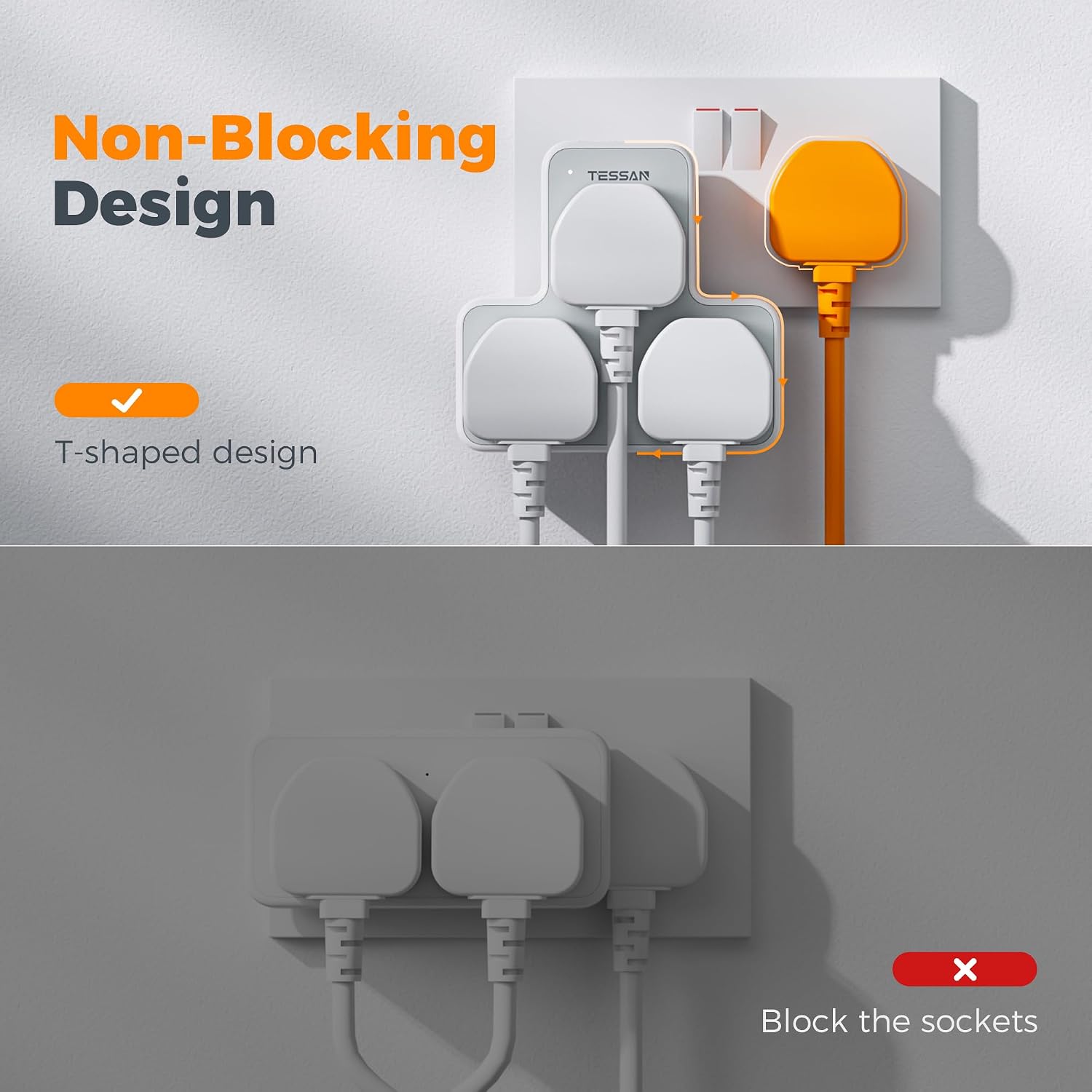 Detalle de TESSAN 3 Way Plug Adapter UK with 3 USB Ports – Multiplug Socket and Wall Extender
