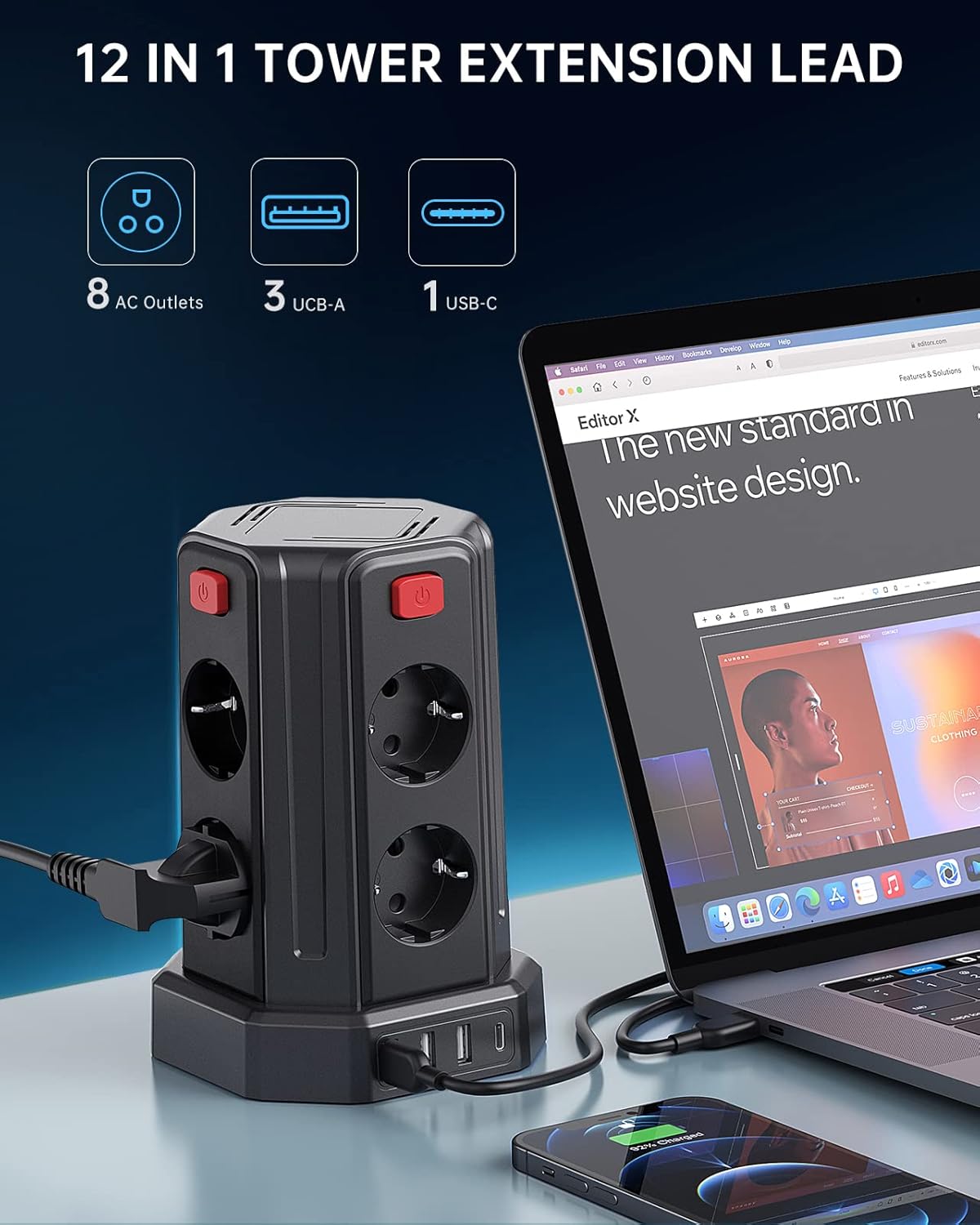 Thumbnail 2 de Sameriver 8-Fach Steckdosenleiste mit 4 USB (USB-A & USB-C) und Überspannungsschutz, 2 m Zuleitung