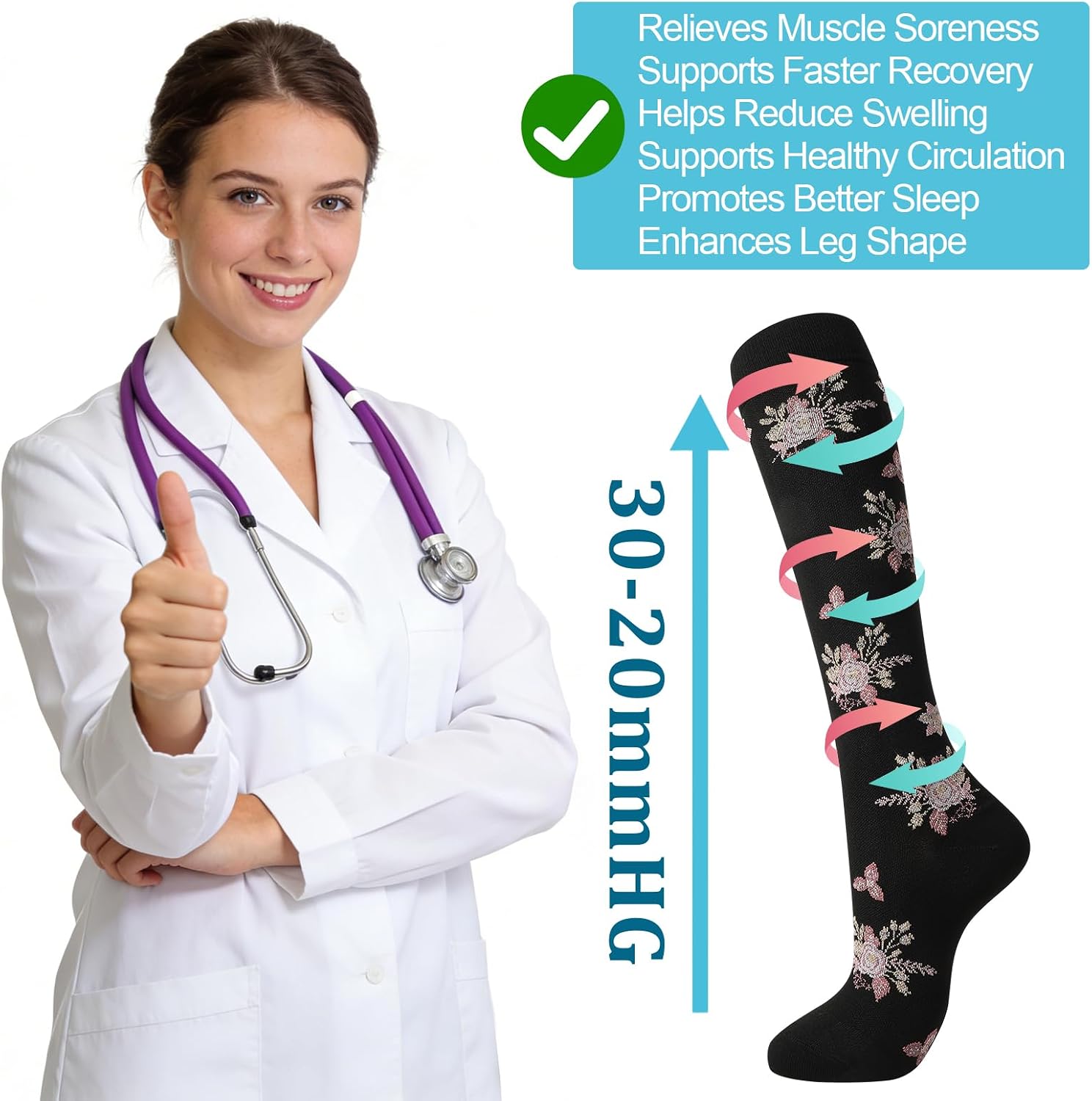 Detalle de 4 Pairs Compression Socks for Women (20-25 mmHg) Knee High Flight Socks – Ideal for Nurses, Travel, Pregnancy and Everyday Support