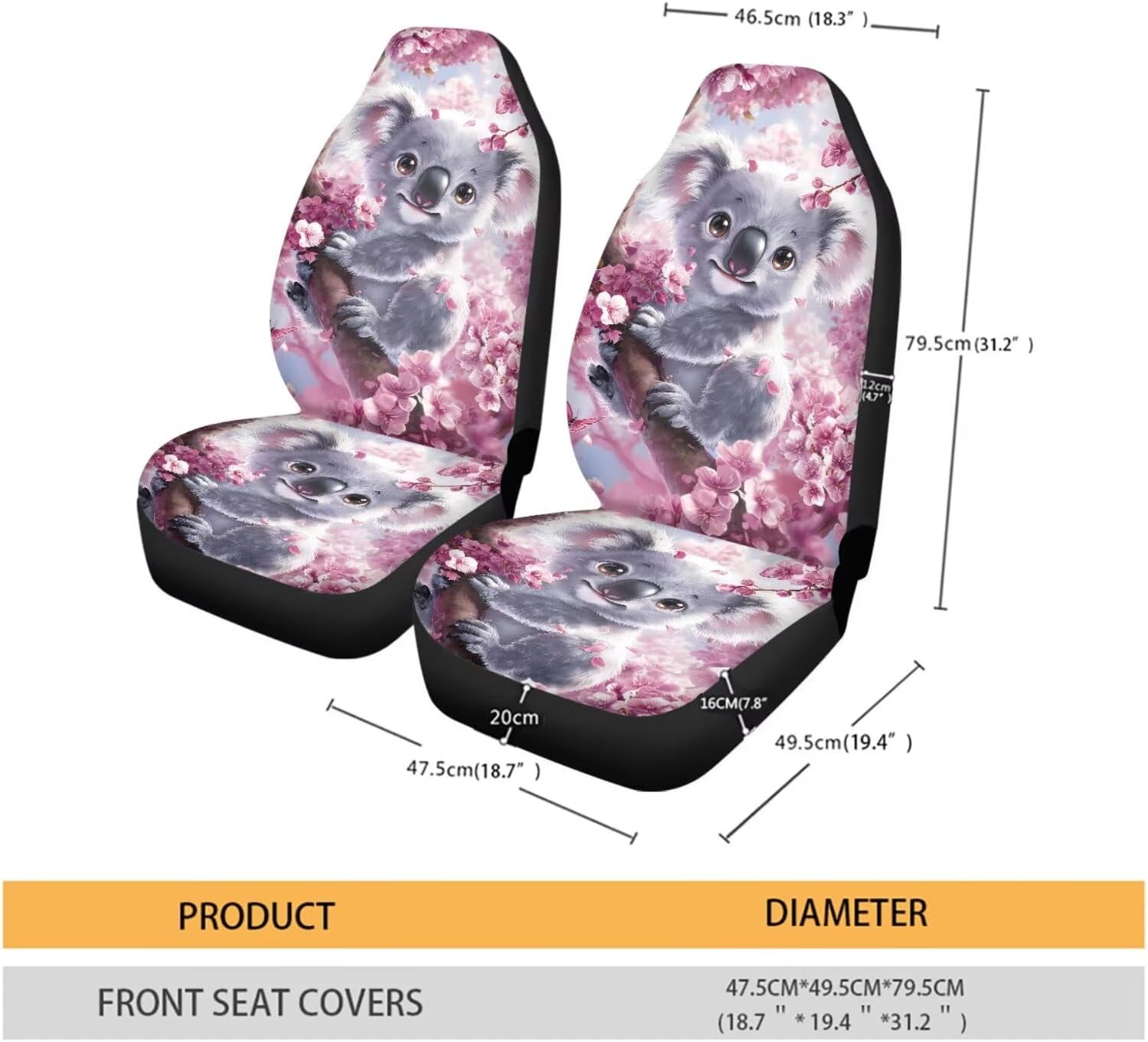 Thumbnail 4 de ZIATUBLES Front Seat Covers Pink Cherry Floral Koala Print – Pack of 2
