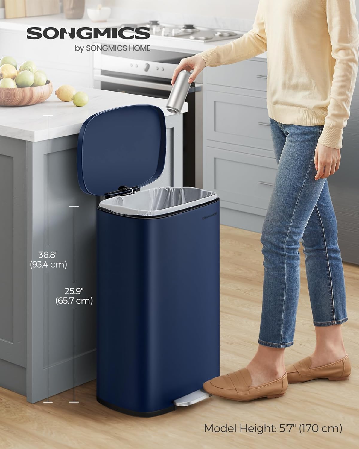 Thumbnail 1 de SONGMICS Kitchen Bin 13 Gallon (50 L) with Soft Close Lid and Pedal, Blue LTB050L02