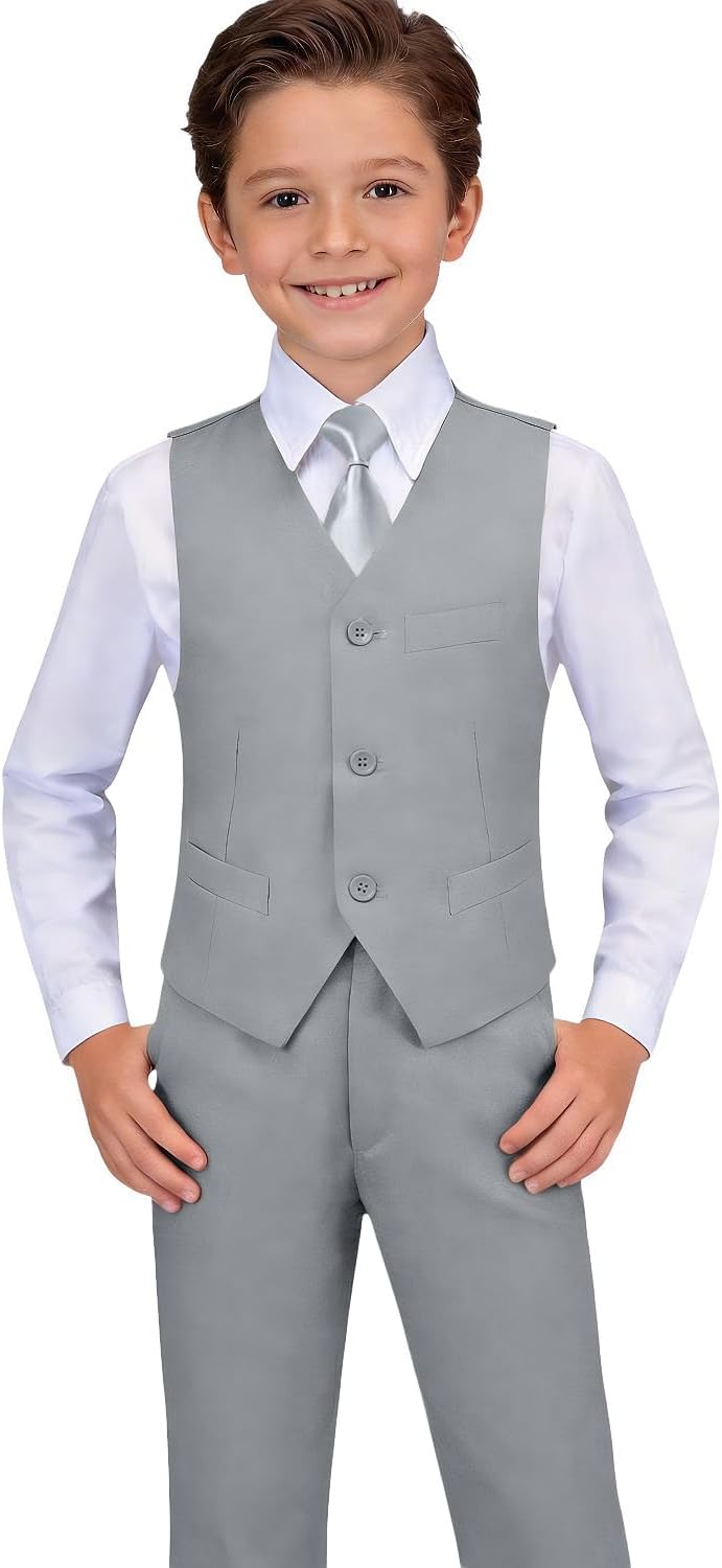 Detalle de Visaccy Boys Formal Slim Fit Suit Set (12) – Versatile Black Dress Outfit for Ring Bearer and Special Occasions
