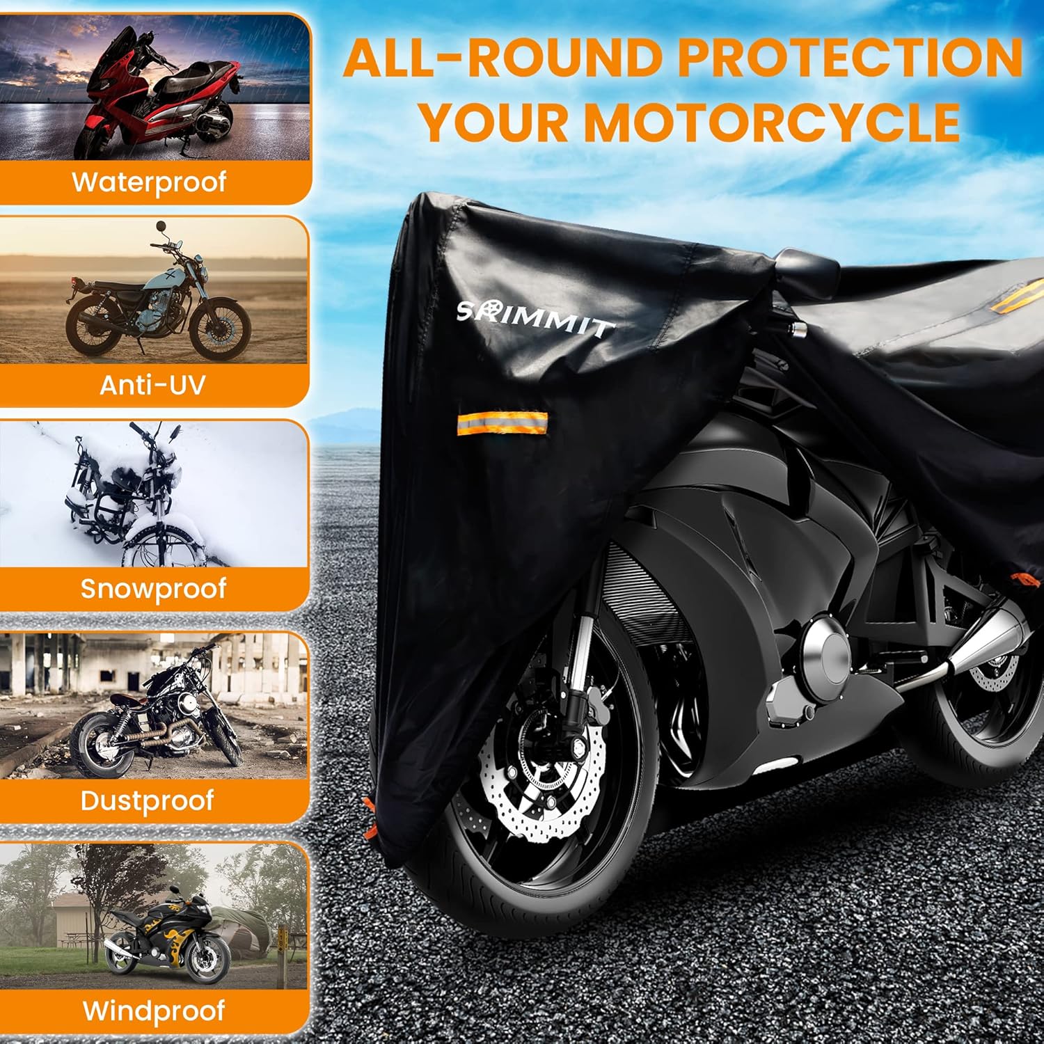 Thumbnail 3 de Motorcycle Cover Heavy Duty 420D Universal Cover with UV Protection, License Plate Window and Reflective Strips (XXXL, 106" x 37" x 55")