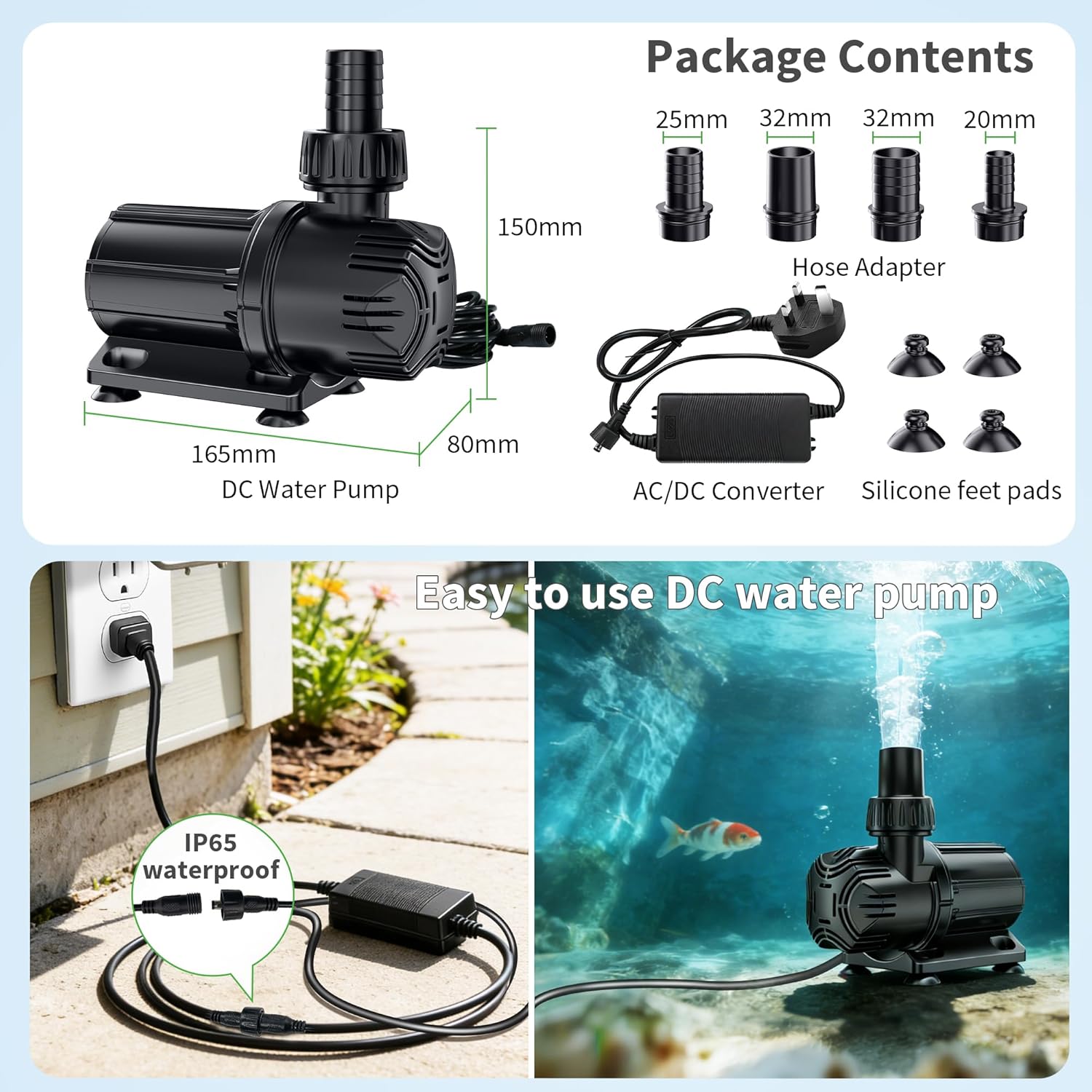Detalle de POPOSOAP 4600 L/h DC Pond Pump: Safe 24V, Quiet Water Feature Power for Ponds, Aquariums & Fountains