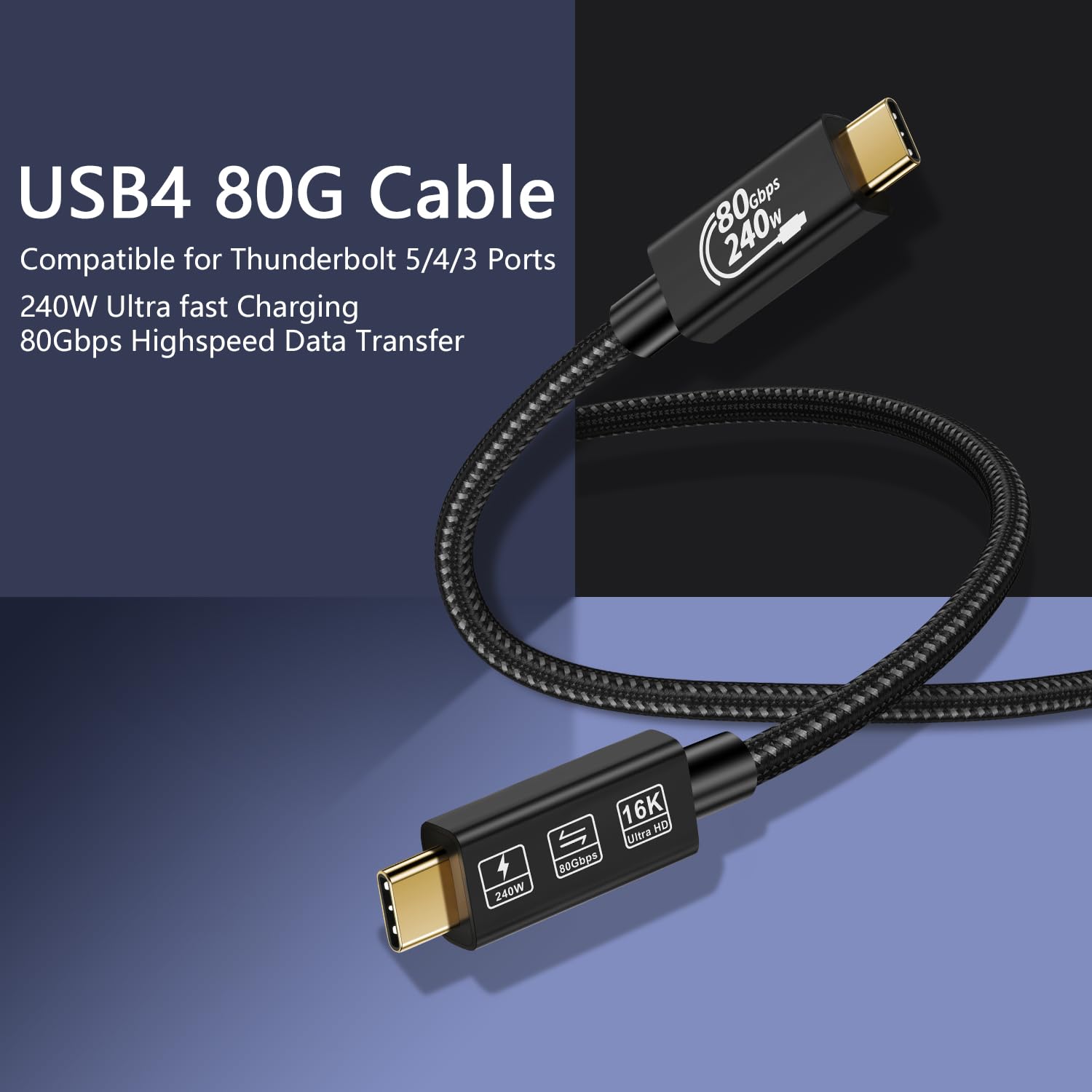 Thumbnail 1 de CHENLENIC USB4 / Thunderbolt 5 Cable (80Gbps, 240W) – USB-C to USB-C for Hub, Dock, SSD & Laptop Monitors