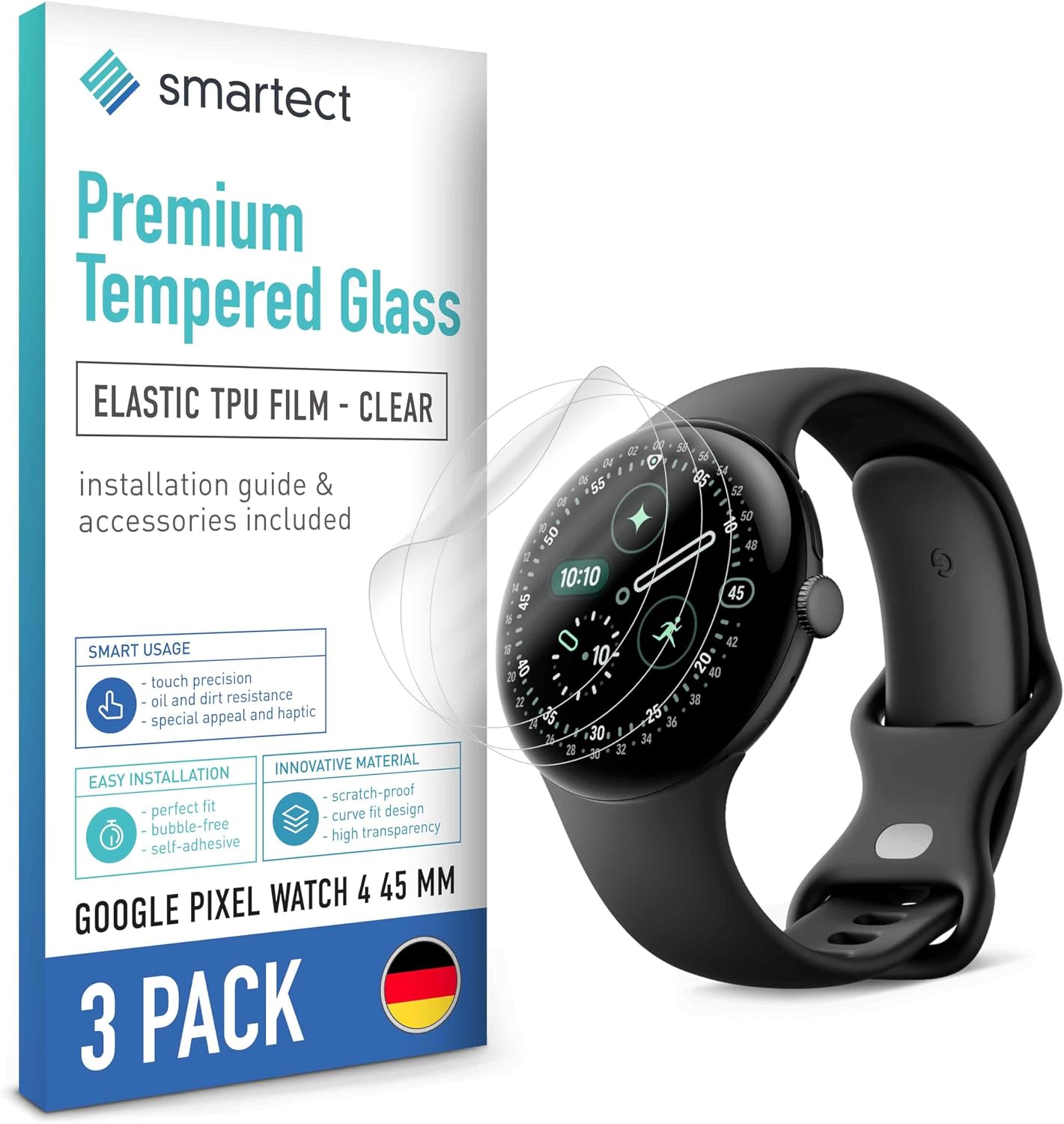 Detalle de SmarTect 3Pack_TPU_Google_Pixel_Watch_4_45mm TPU Screen Protector, 3-Pack