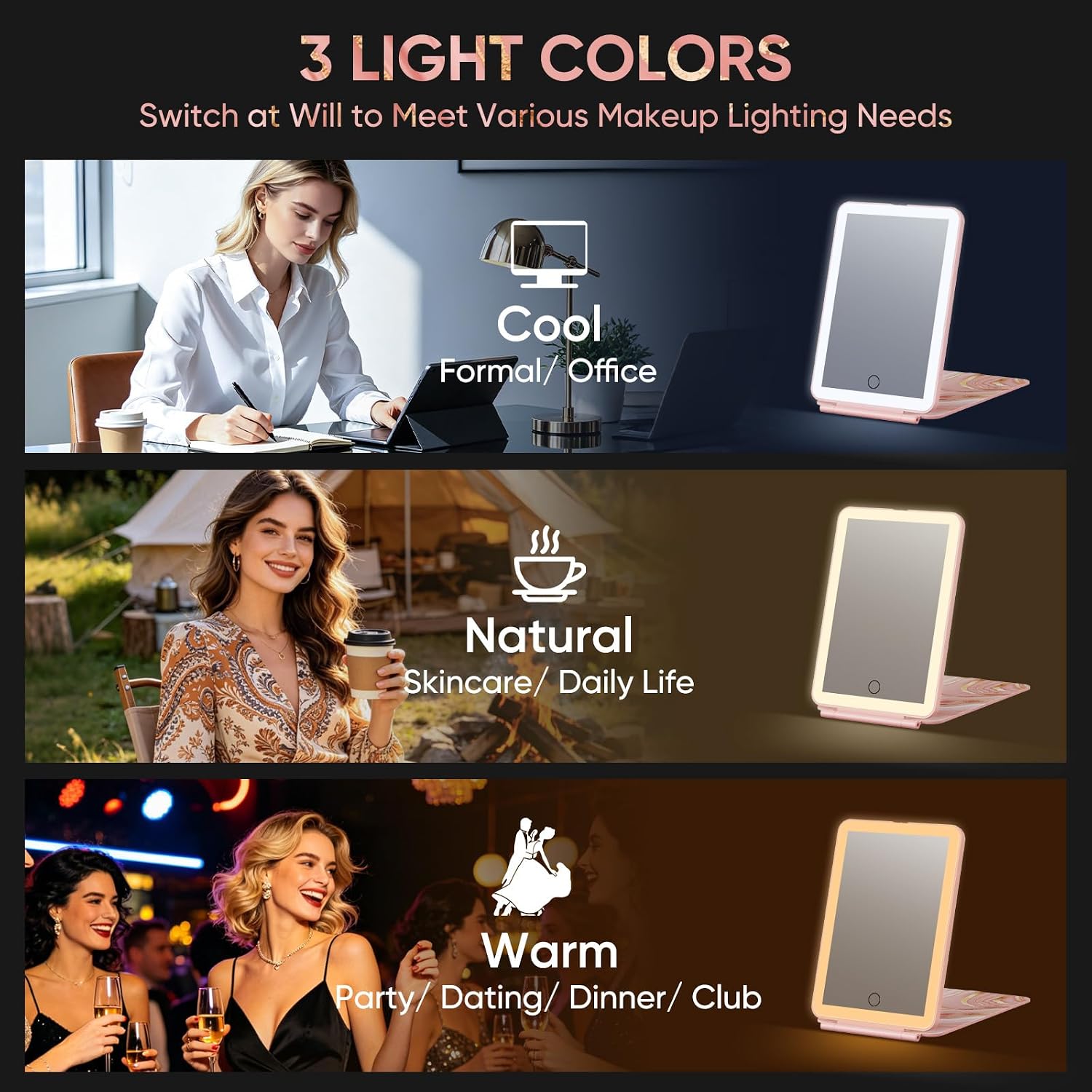 Thumbnail 4 de FUNTOUCH Rechargeable Travel Makeup Mirror, 72 LEDs, 3 Light Colors
