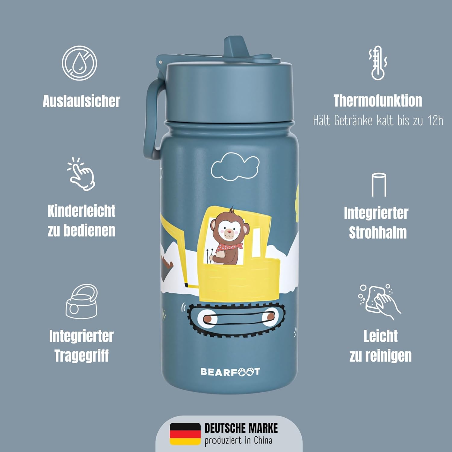 Detalle de BEARFOOT Trinkflasche Kinder Edelstahl 400ml mit Strohhalm – BPA-frei, auslaufsicher, Blau (Bagger Affe)