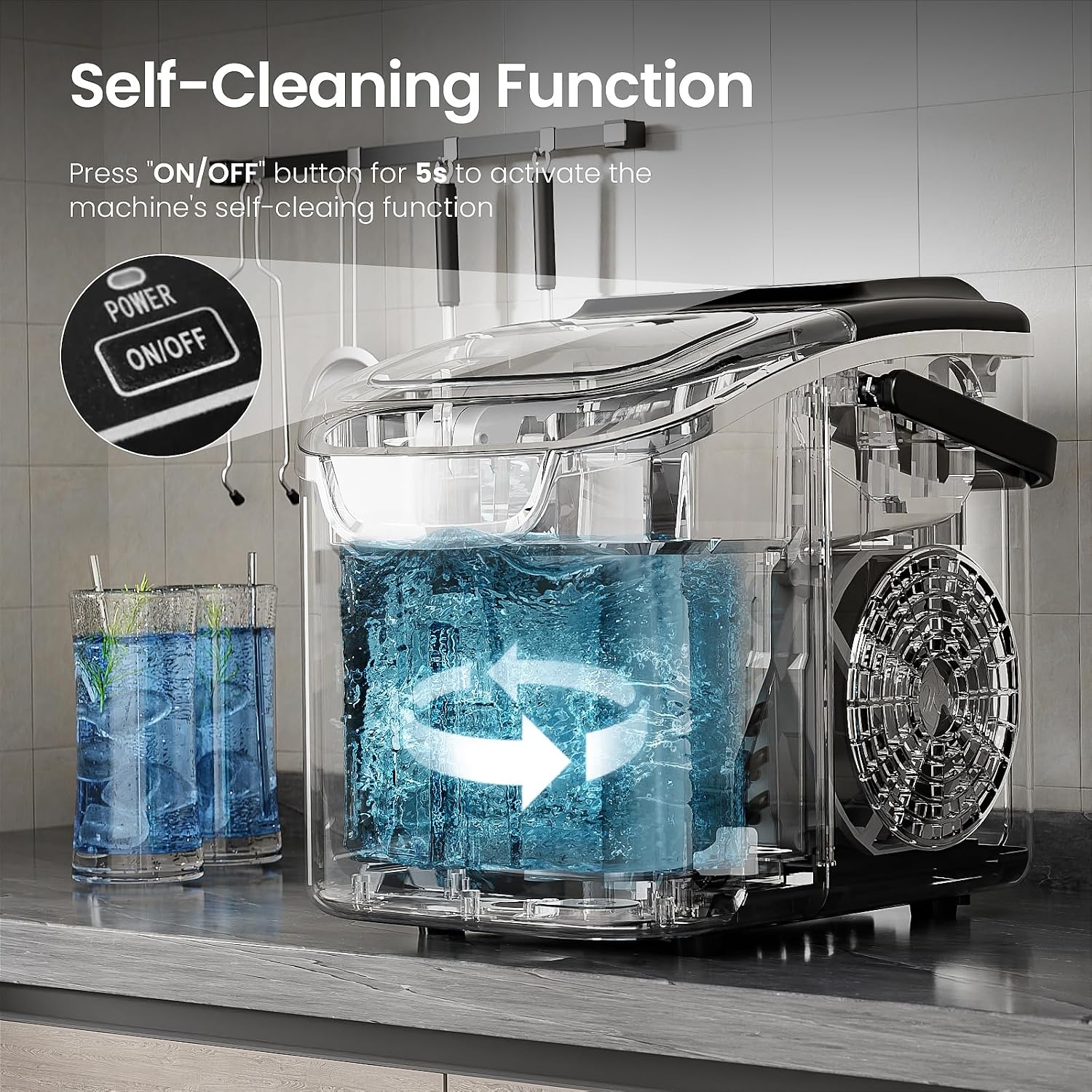 Detalle 2 de Electactic 58012RIMO-BLACK Countertop Ice Maker with Self-Cleaning and Two Ice Sizes