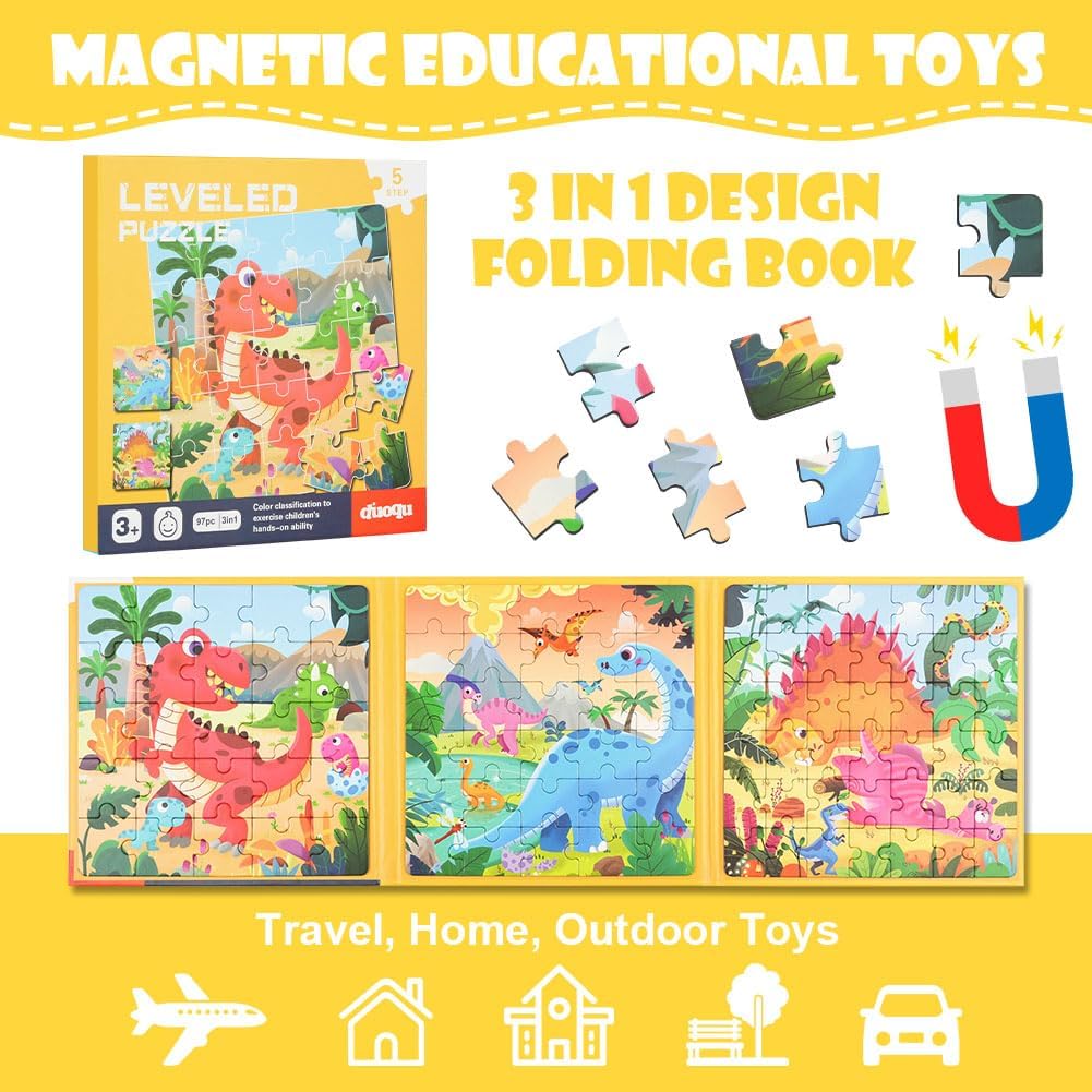 Detalle de Puzzle magnetici Aolso in scatola-latta per bambini 3-7 anni: gioco Montessori con dinosauro e animali