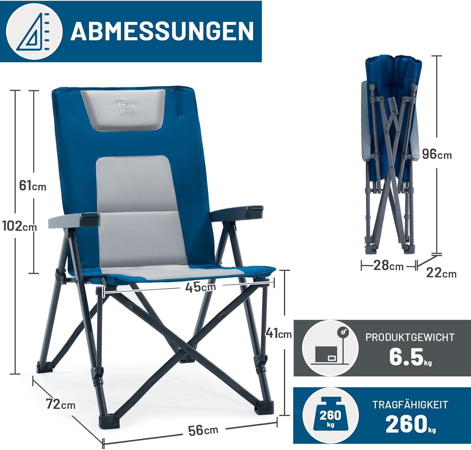 Detalle de TIMBER RIDGE Campingstuhl Faltbar – belastbar bis 260 kg, verstellbare Rückenlehne, gepolstert, inkl. Tragetasche