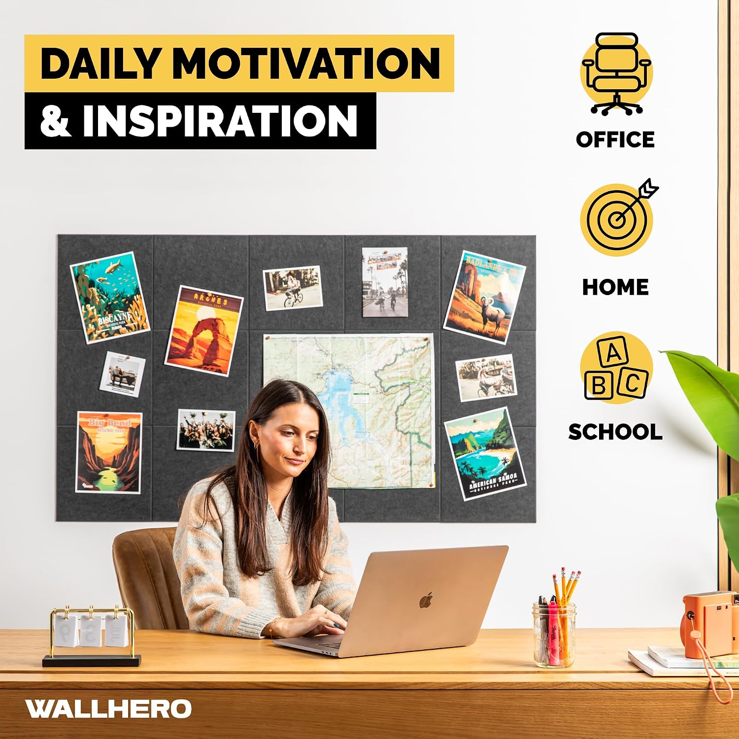 Detalle 1 de WallHero 15x_12inch Felt Bulletin Board Tiles, 15-Pack, Charcoal