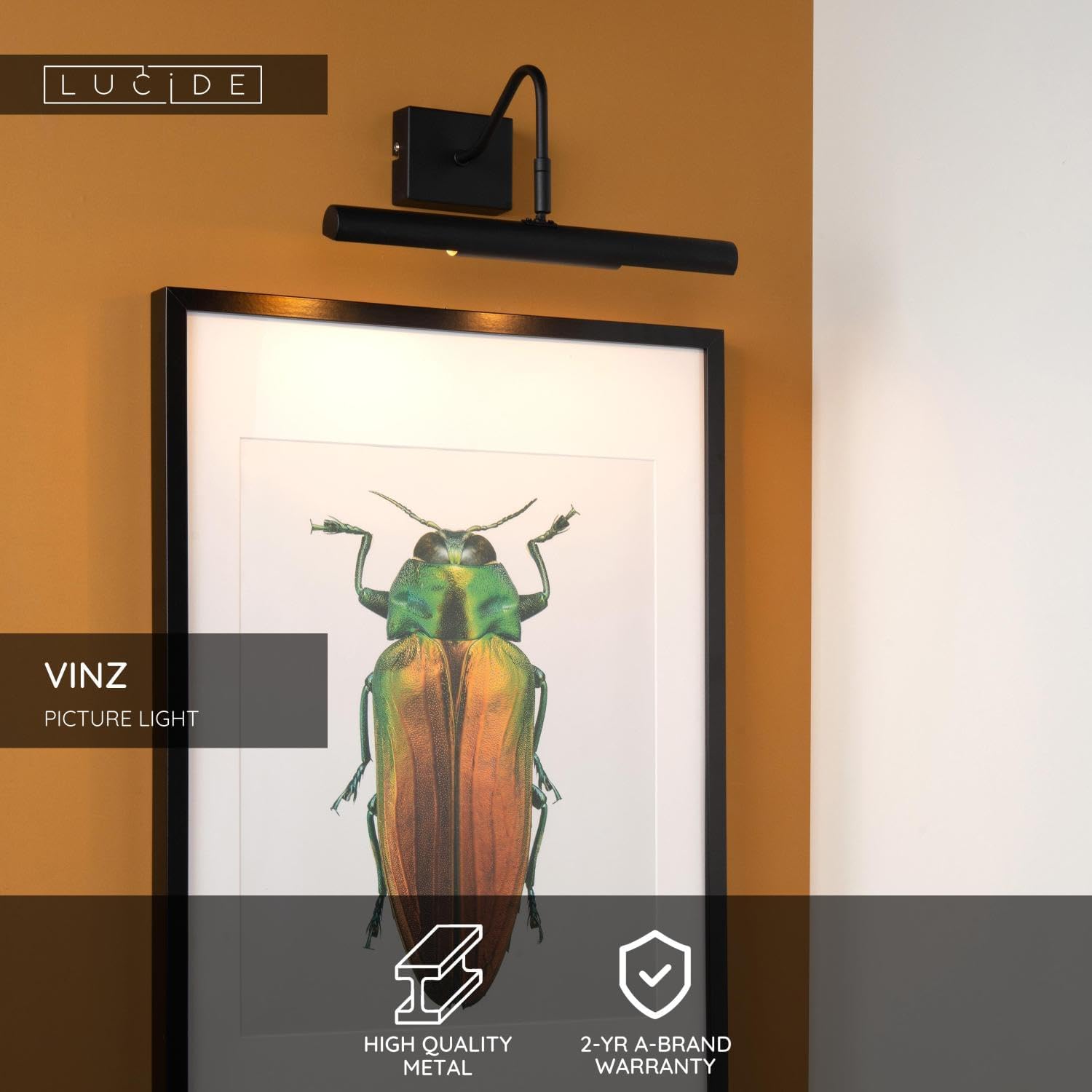 Detalle de LUCIDE VINZ – kinkiet do obrazów, 2xG9, metalowy, czarny