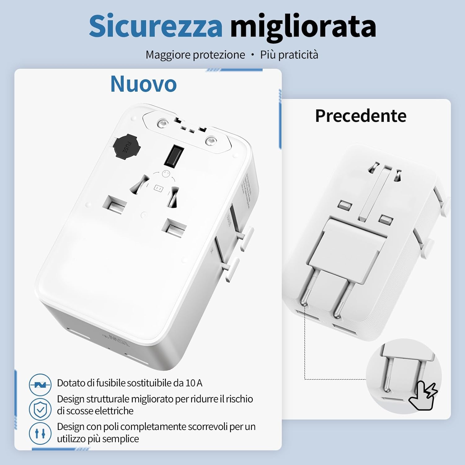 Thumbnail 4 de UPXNBOR Nuovo 2026 Adattatore Universale da Viaggio Ultra Sottile: 1 USB-A e 2 USB-C, protezione fusibile e compatibilità globale