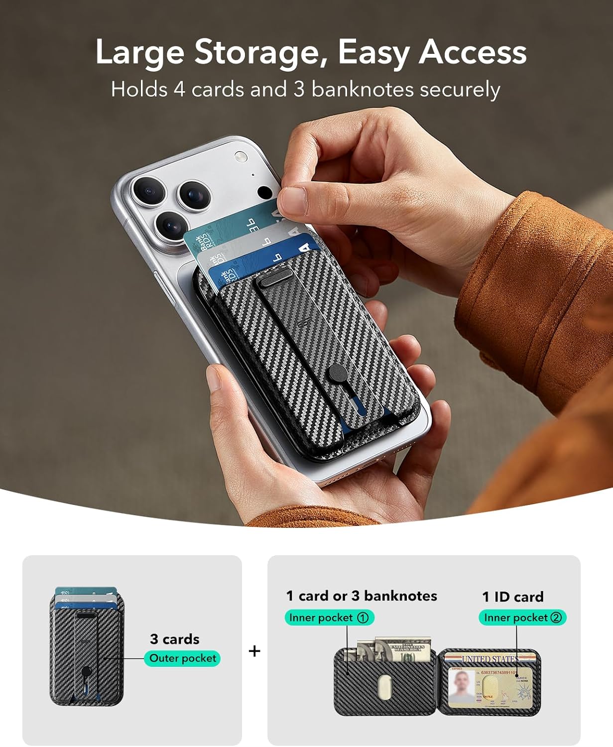 Detalle 2 de ESR for MagSafe Wallet: 5 Card Holder with Adjustable Stand and RFID Blocking (Carbon Fibre, Black)