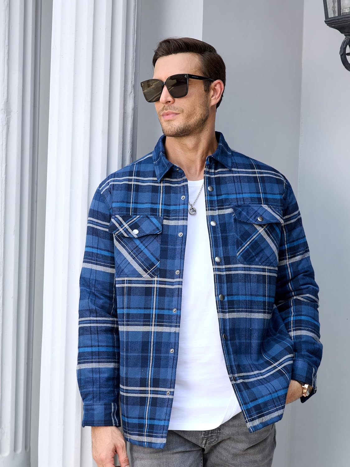 Detalle de TACVASEN Men's Quilted-Lined Flannel Shirt Jacket, Lightweight Button-Down