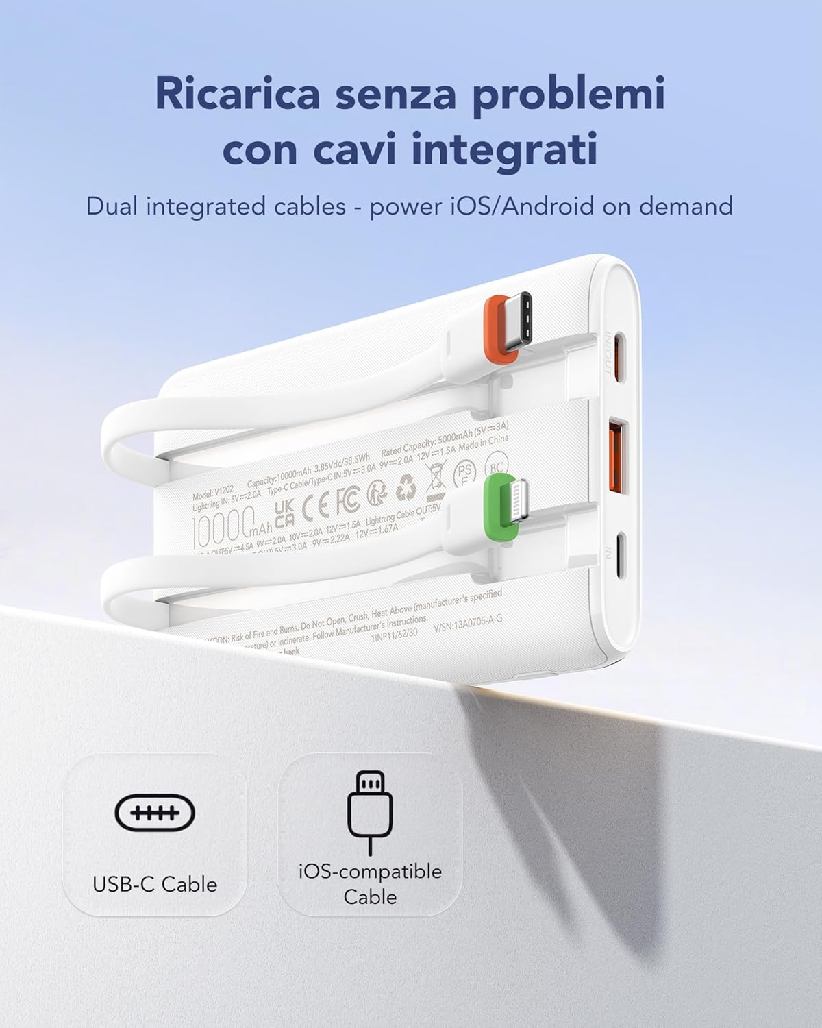 Detalle 2 de VEGER Power Bank 10000mAh con Cavi Integrati e 22.5W PD: potenza in tasca