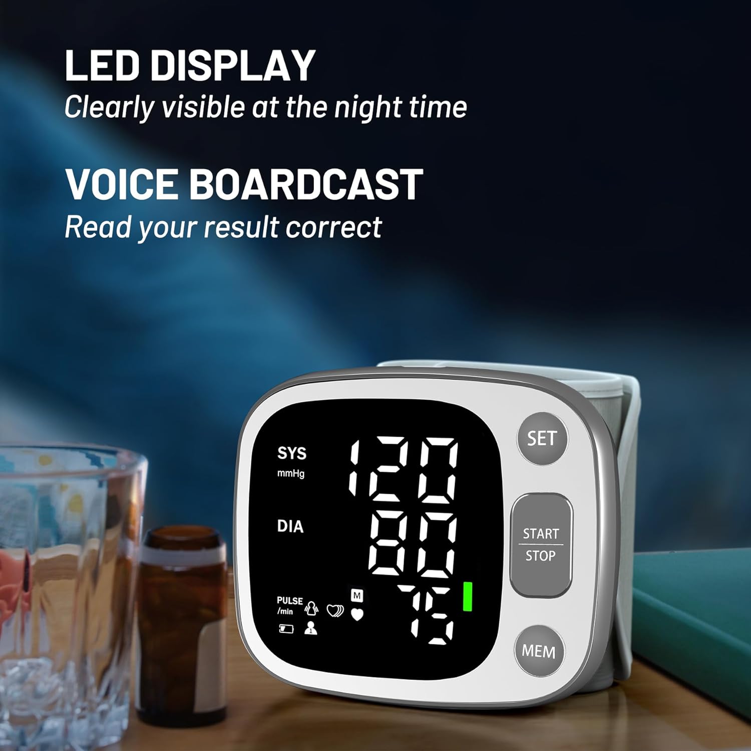 Detalle 2 de Oklar Home Use Wrist Blood Pressure Monitor with Voice Broadcast, 240 Memory (2 Users), USB-C Rechargeable, LED Backlit Display
